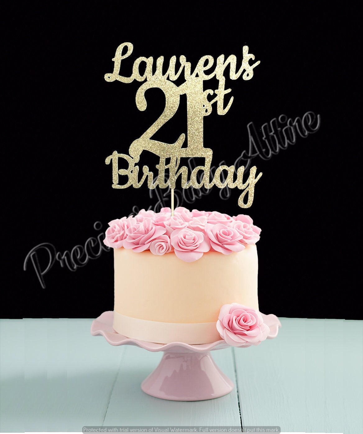 Topper Per Torta 21° Compleanno Glitter Nero E Oro - Decorazione Per Torte Con Bastoncino In Bambù - 16x17,5 Cm