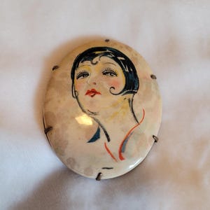 Antique Vintage Flapper Beautiful Woman Deco Celluloid & Brass Brooch Pin