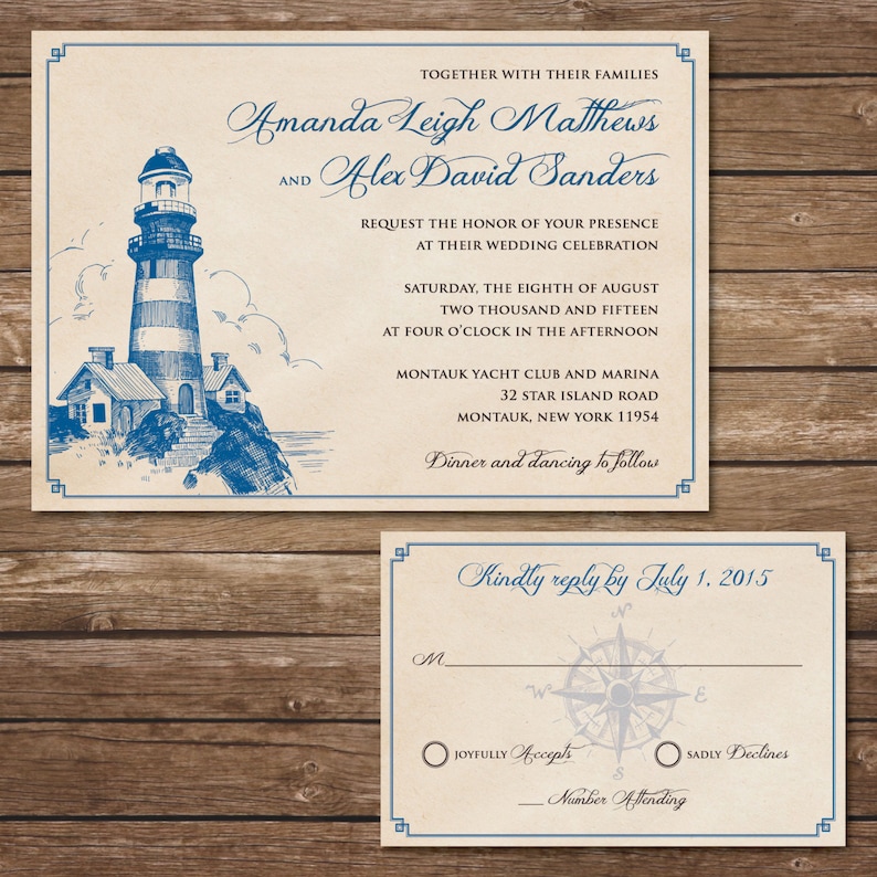 Digital File Printable Lighthouse Wedding Invitation with RSVP Card