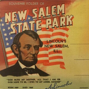 Cartolina dell'annata libro: Cartella di Souvenir di New Salem State Park, Illinois (1940)