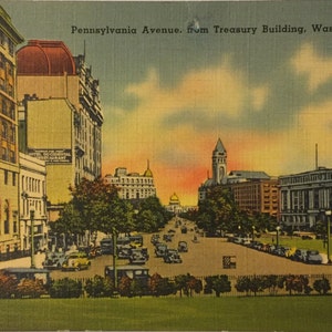 Cartão postal vintage: Pennsylvania Ave do Treasury Building, Washington DC (1938)