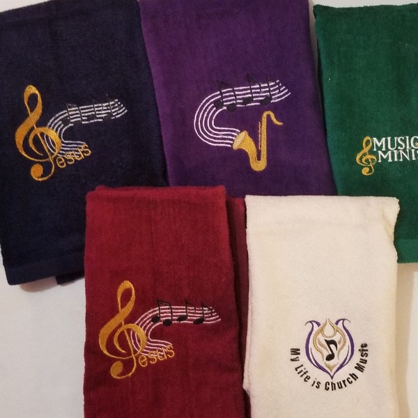 Custom Personalized Embroidered Musician Fingertip Towels, Drums, Saxophone, Guitar, Keyboard