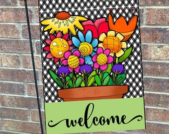 Bright Summer Bouquet in Flower Pot Single-Sided Vinyl Garden Flag with Gingham Background