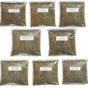 May include: Ten bags of green coffee beans, each labeled with the origin and variety of the beans. The bags are sealed and ready to be shipped.
