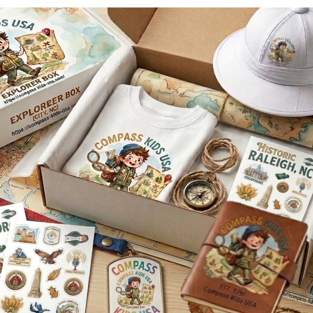 Kids Explorer Box & USA Travel Kit | Adventure Gear gift set | America 250 History Gift for Grand kids | 50 State Summer activity
