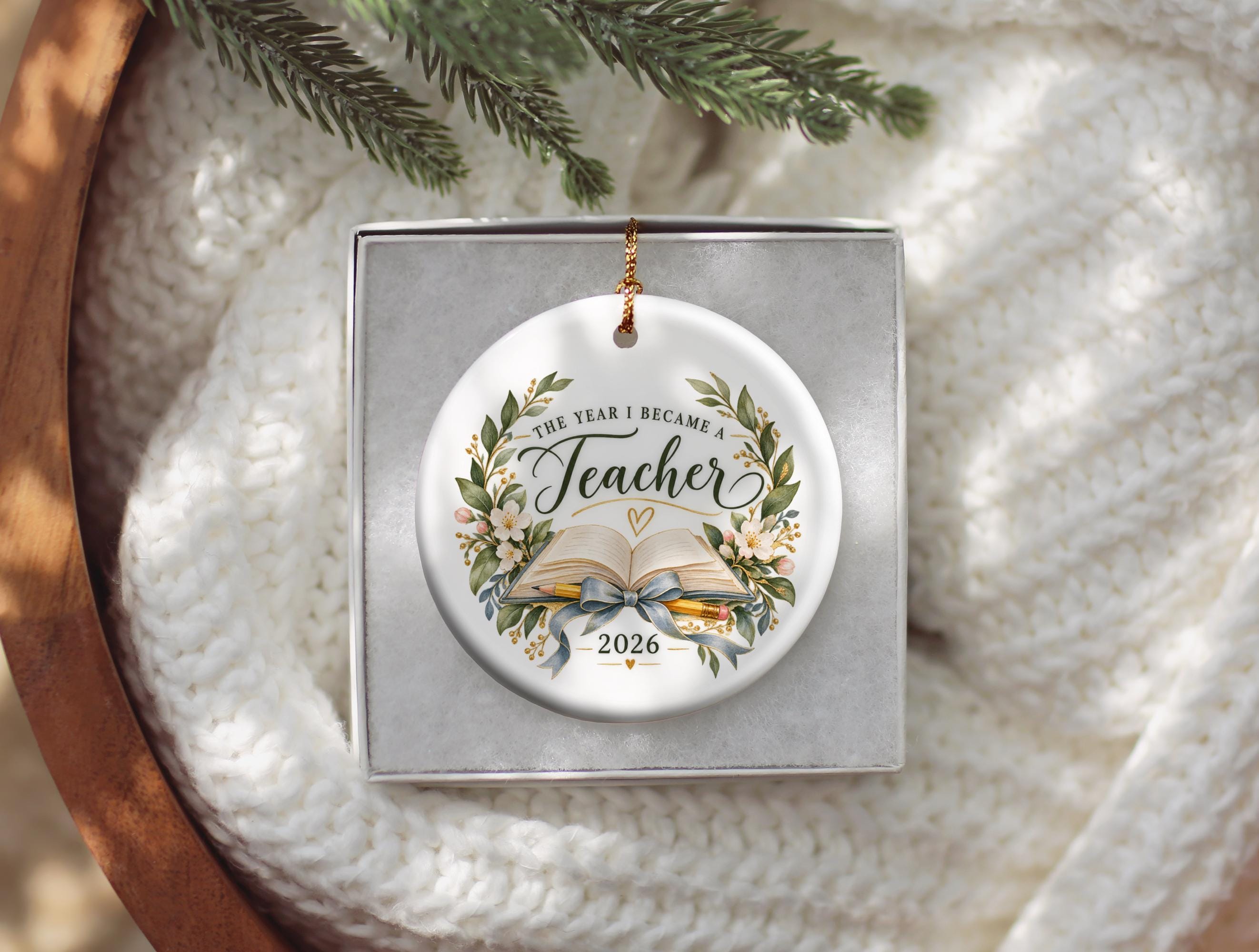 Teacher Christmas Ornament 2026, Teacher Appreciation Gift, Classroom Keepsake, Book and Pencil Floral Ceramic Holiday Ornament Gift