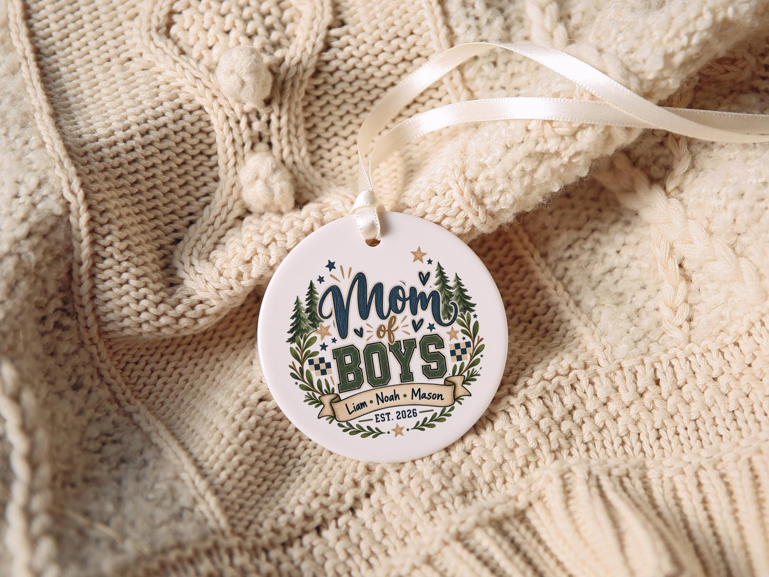 Mom of Boys Ornament, Personalized Family Christmas Decor, Three Sons Keepsake, Rustic Woodland Tree Decoration, Boy Mom Gift Idea 5
