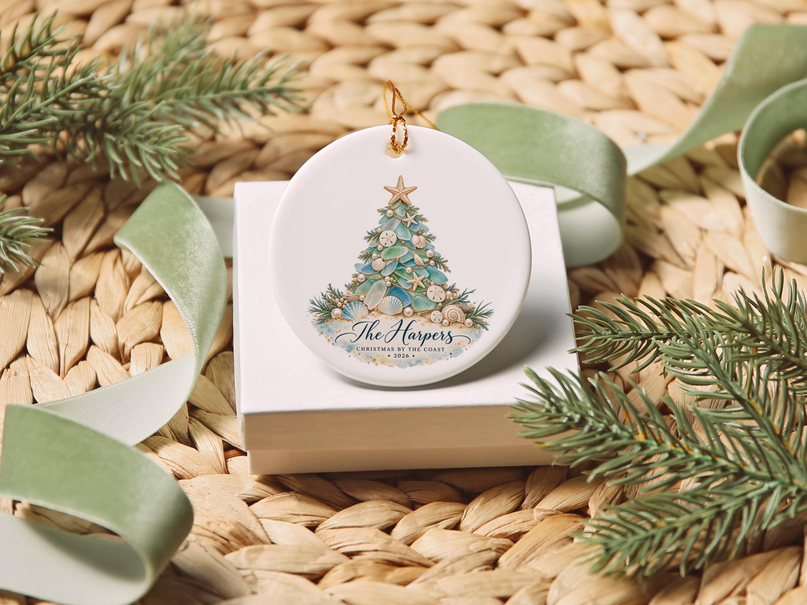 Personalized Coastal Sea glass Christmas Ornament, Family Name Tree Decoration, Ceramic Holiday Keepsake, Beach Christmas Gift, 3