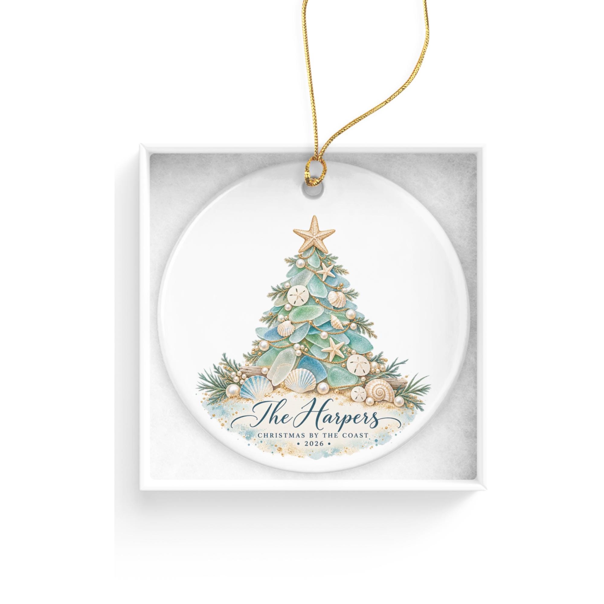 Personalized Coastal Sea glass Christmas Ornament, Family Name Tree Decoration, Ceramic Holiday Keepsake, Beach Christmas Gift, 4