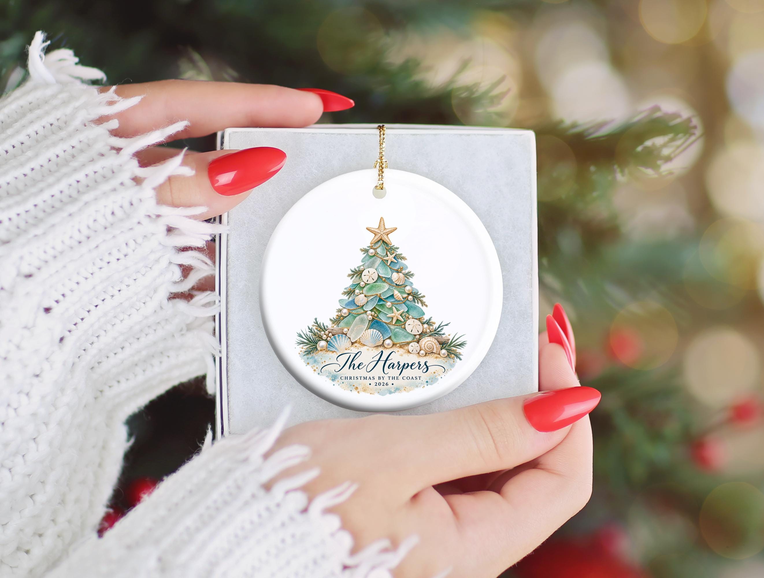 Personalized Coastal Sea glass Christmas Ornament, Family Name Tree Decoration, Ceramic Holiday Keepsake, Beach Christmas Gift, 6