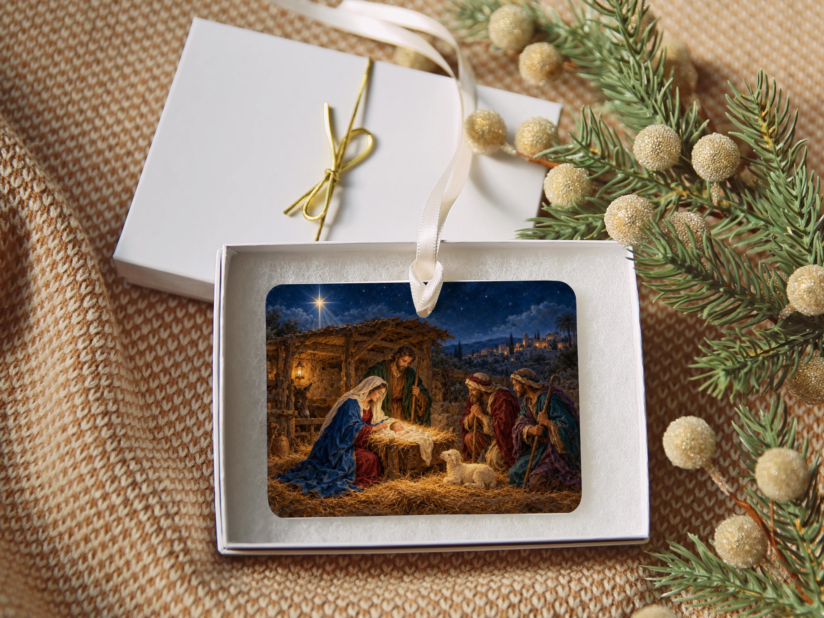 Manger Scene Nativity Ornament, Christian Birth of Jesus Christmas Decor, Ceramic Story Ornament, Religious Keepsake Gift for Believers