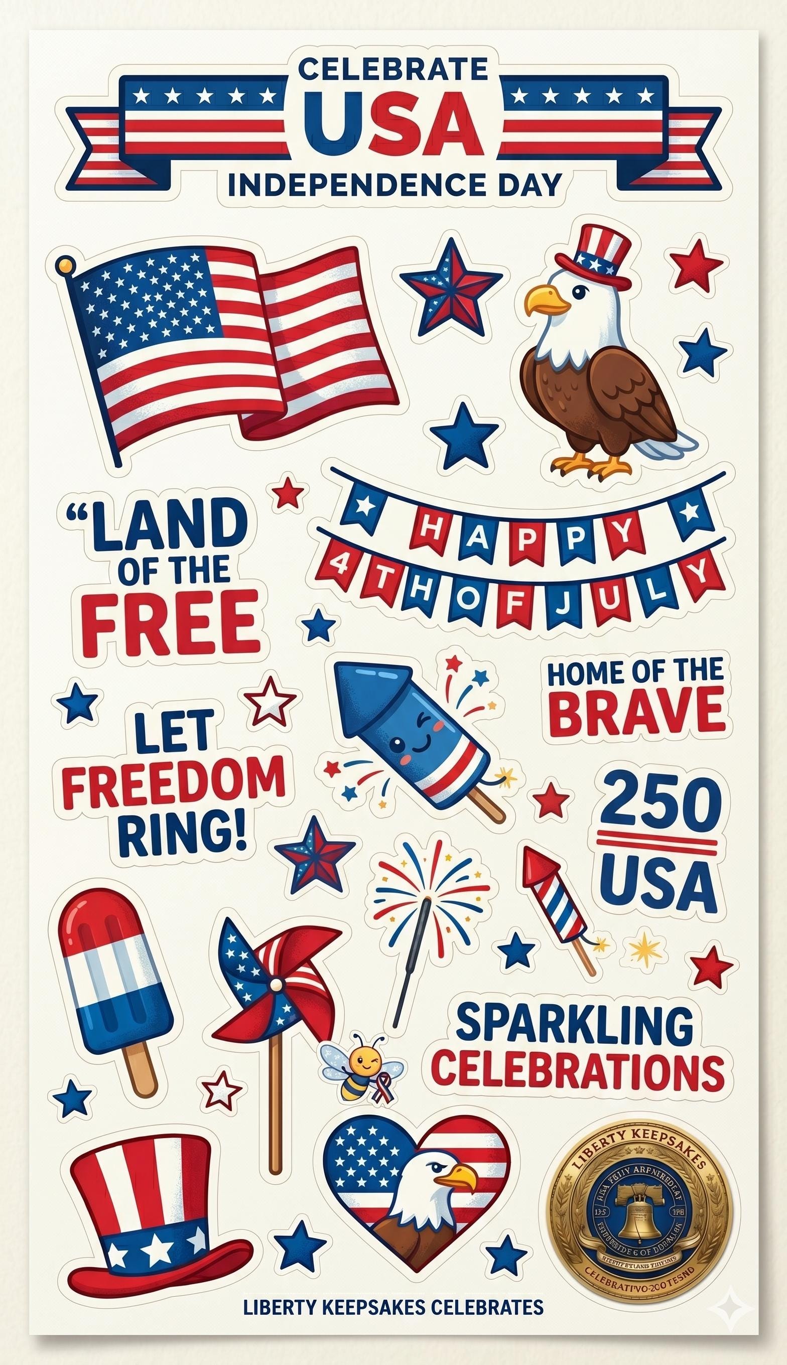 Celebrate USA America 250 Watercolor Sticker Set 3