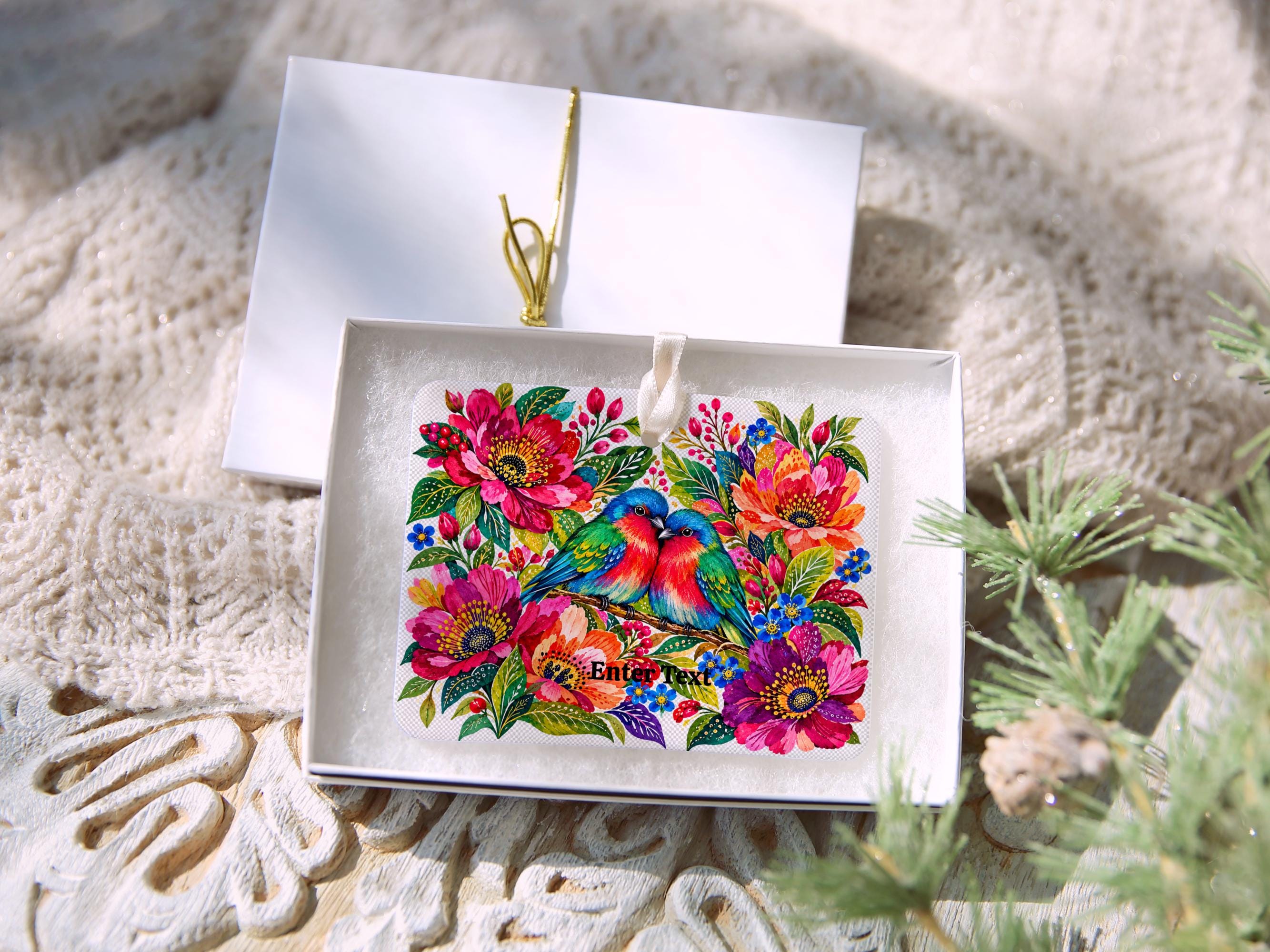 Personalized Love Birds Christmas Ornament, Colorful Floral Ceramic Keepsake, Romantic Holiday Tree Gift, Wedding or Anniversary Decor