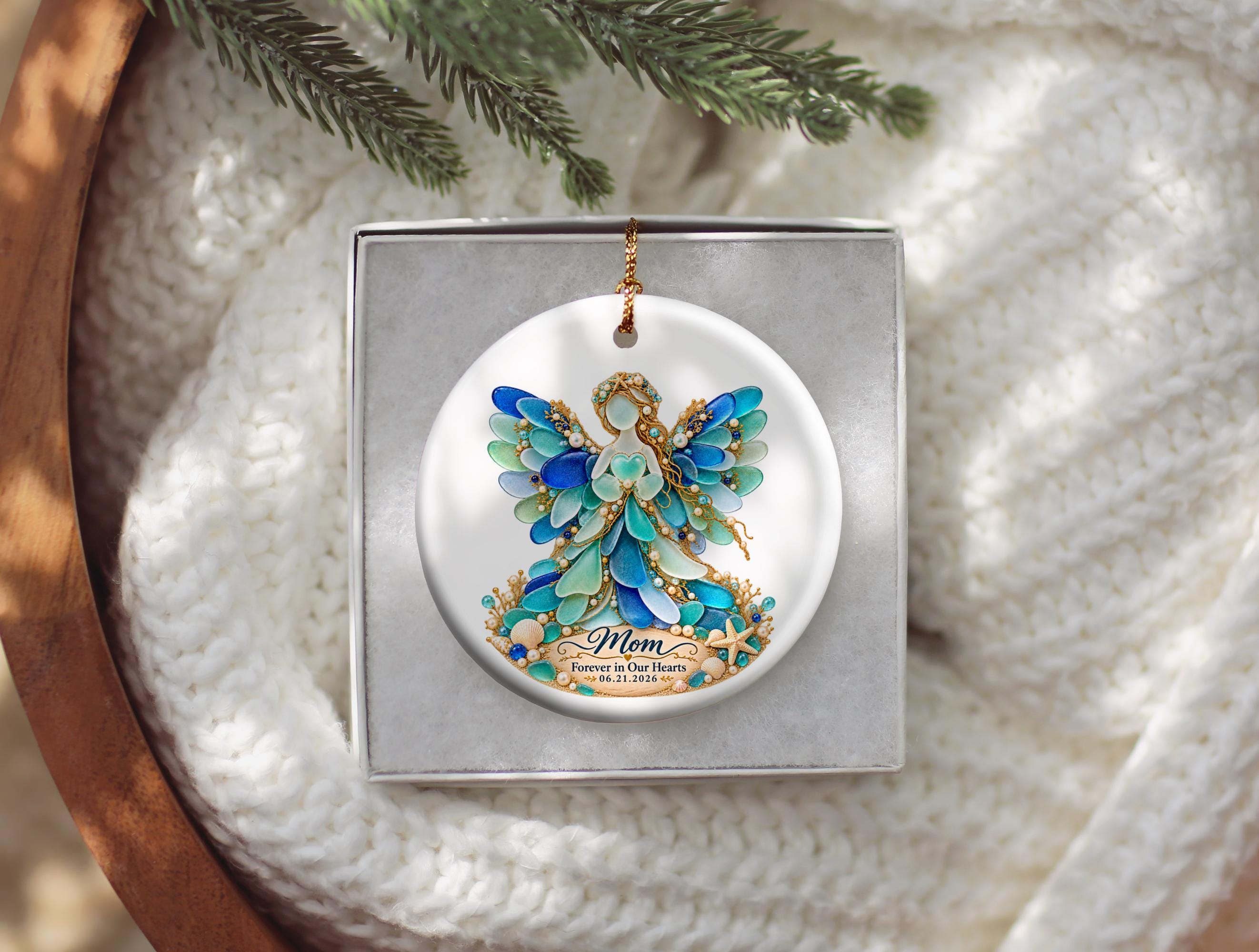 Personalized Sea Glass Angel Memorial Ornament for someone special, Forever in Our Hearts Keepsake, Angel Mom Christmas Ornament, Coastal Se