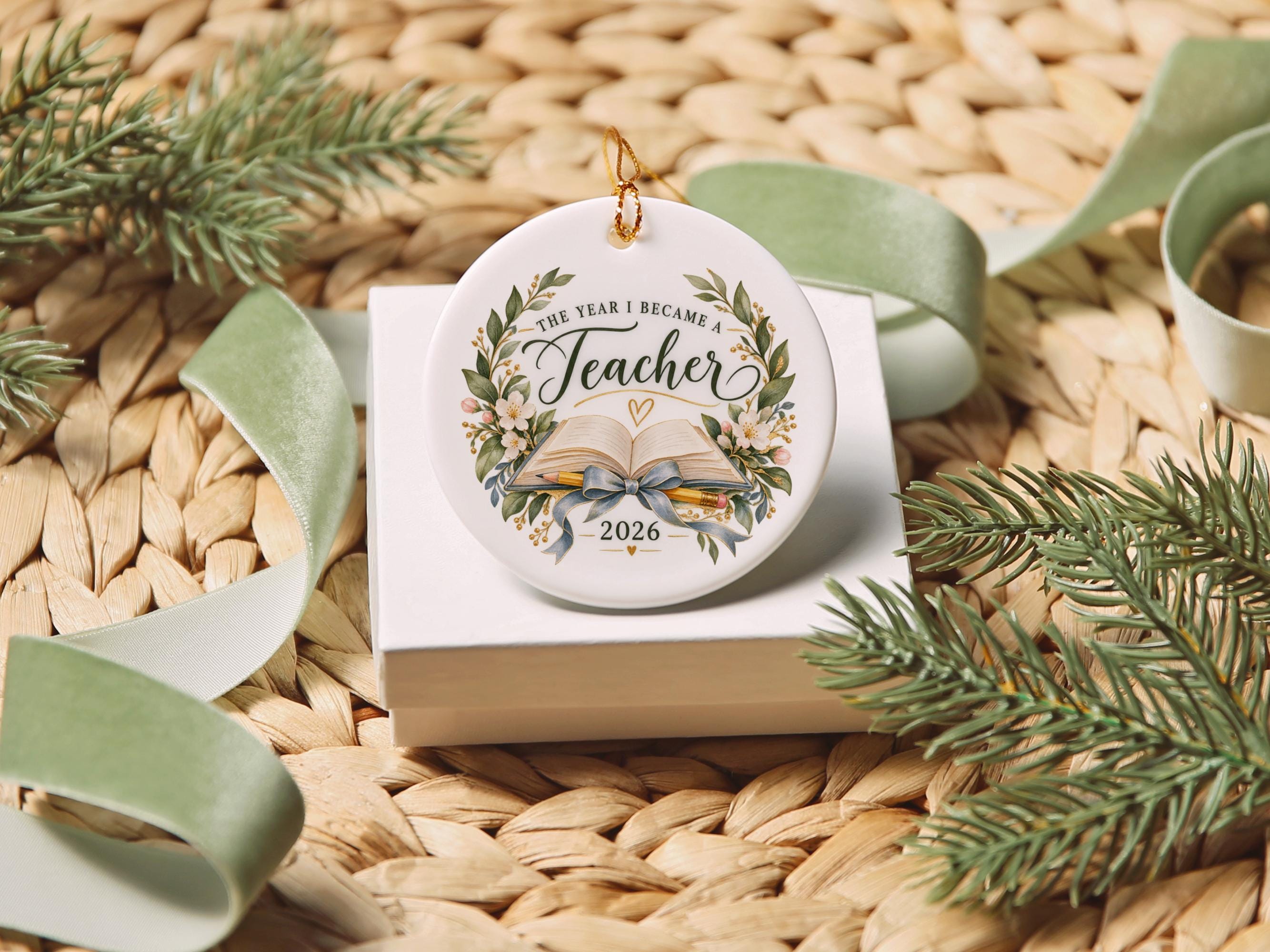 Teacher Christmas Ornament 2026, Teacher Appreciation Gift, Classroom Keepsake, Book and Pencil Floral Ceramic Holiday Ornament Gift 3