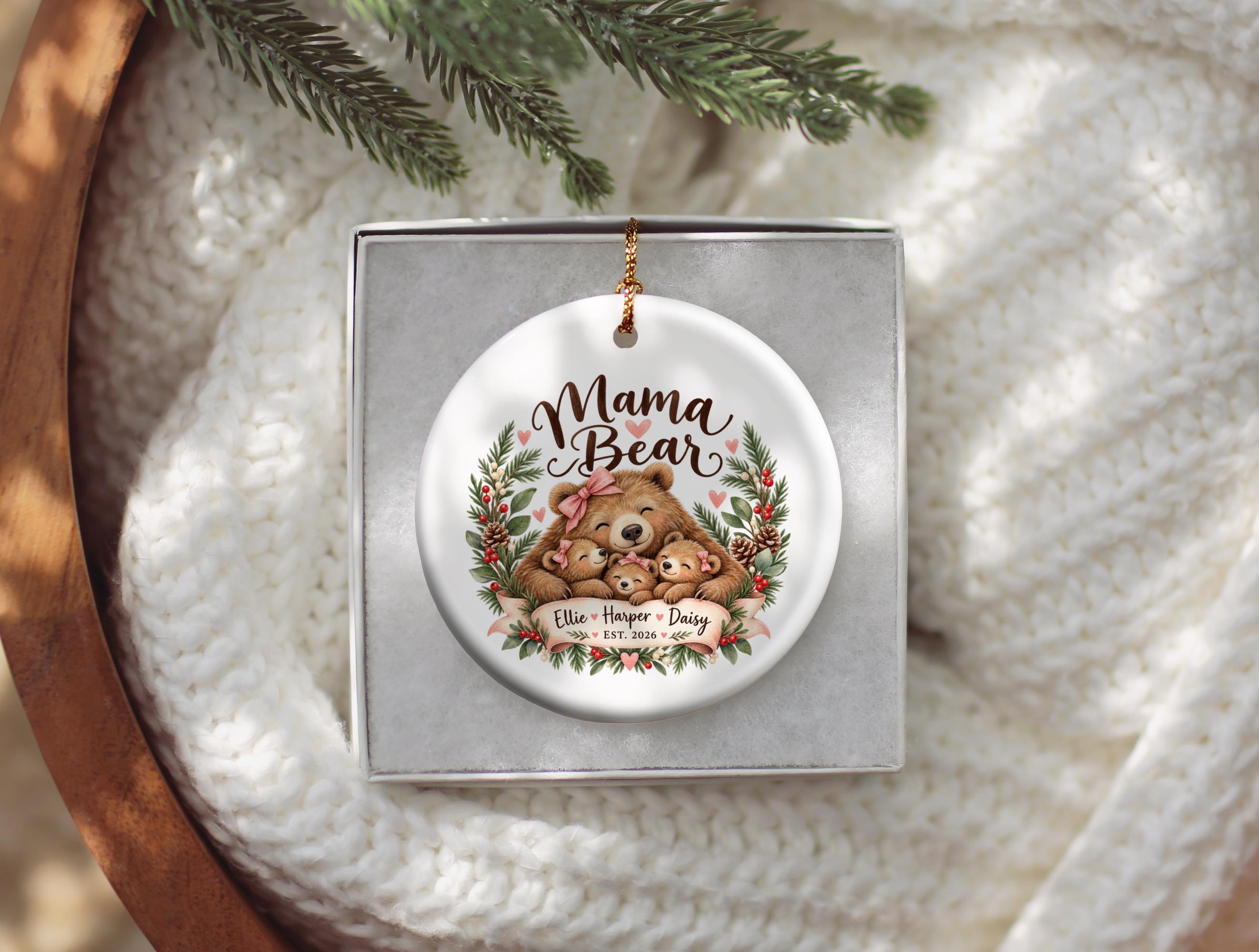 Mama Bear Christmas Ornament, Bear Family Holiday Decor, Personalized Grandma Ornament, Woodland Nursery Keepsake, Gift for Mama Bear