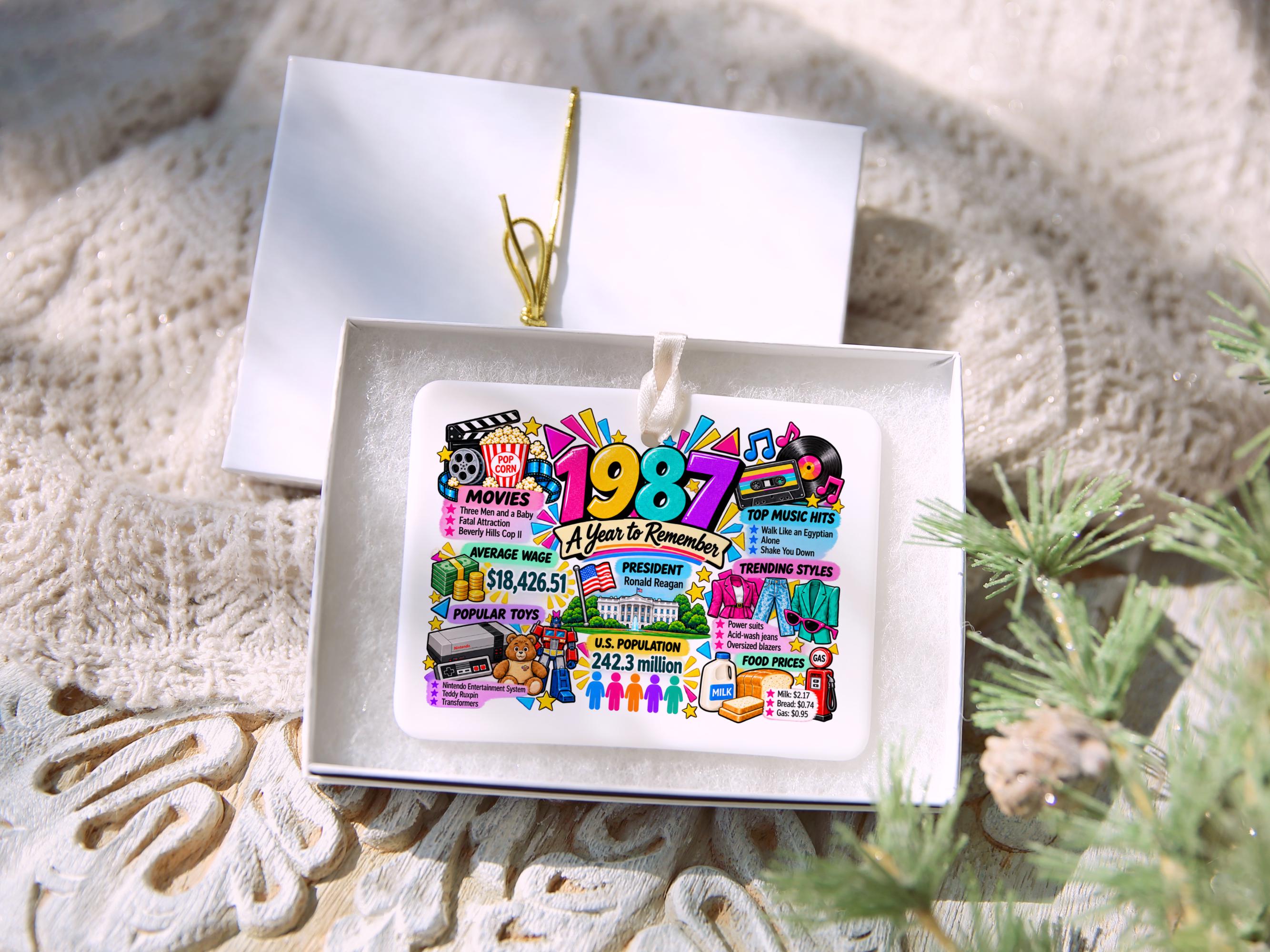 Year Born Keepsake Christmas Ornament, Nostalgia Keepsake, Retro Year in Review  unique Milestone Year keepsake, boxed