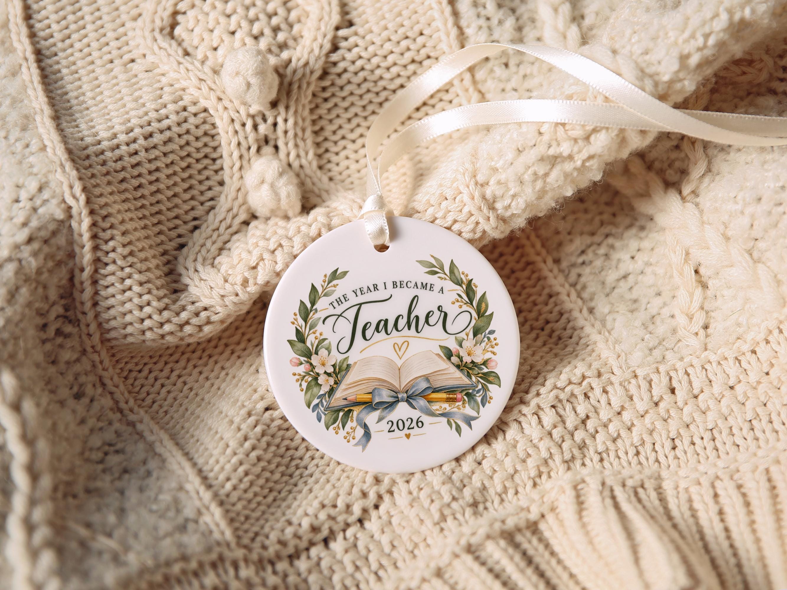 Teacher Christmas Ornament 2026, Teacher Appreciation Gift, Classroom Keepsake, Book and Pencil Floral Ceramic Holiday Ornament Gift 5