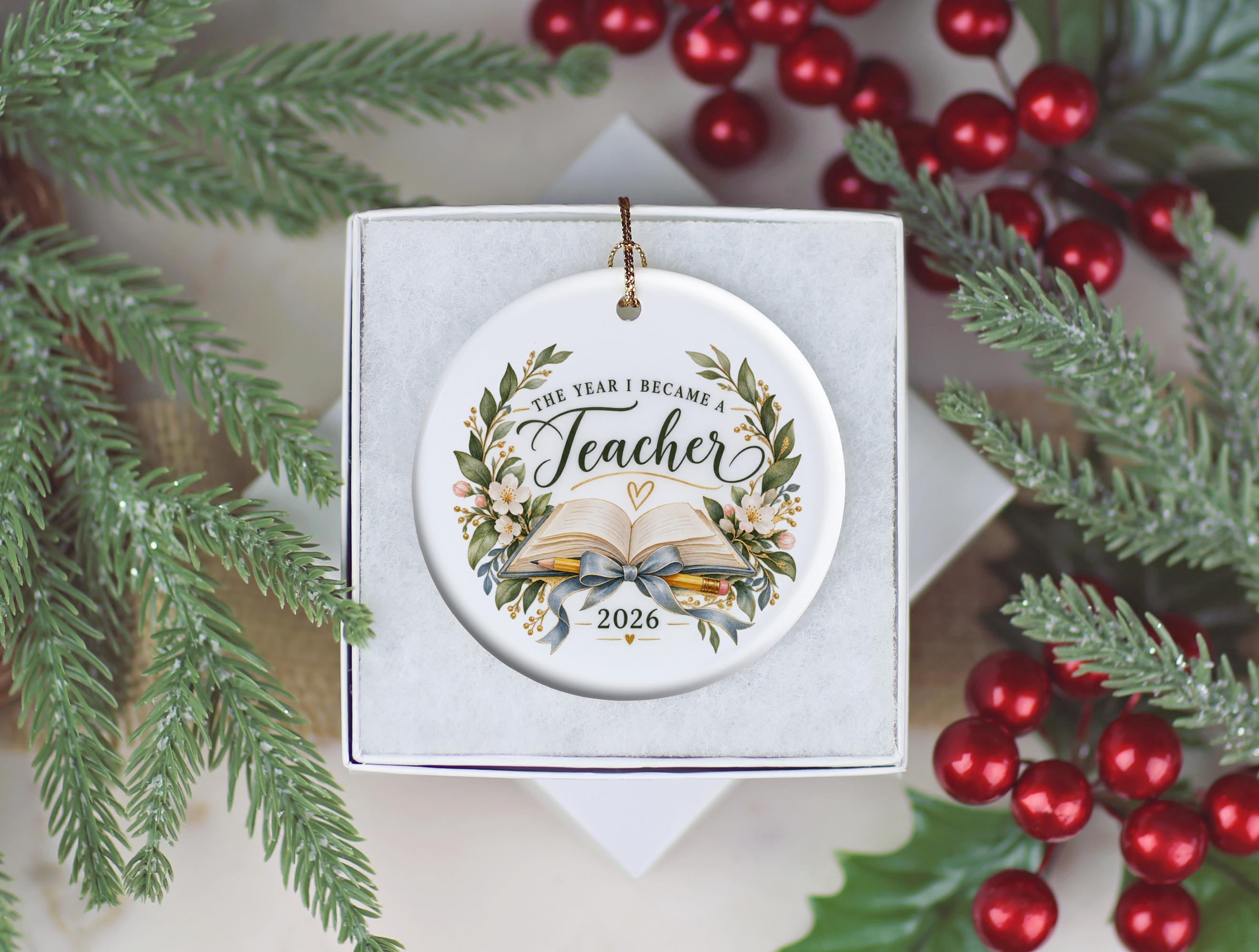 Teacher Christmas Ornament 2026, Teacher Appreciation Gift, Classroom Keepsake, Book and Pencil Floral Ceramic Holiday Ornament Gift 2