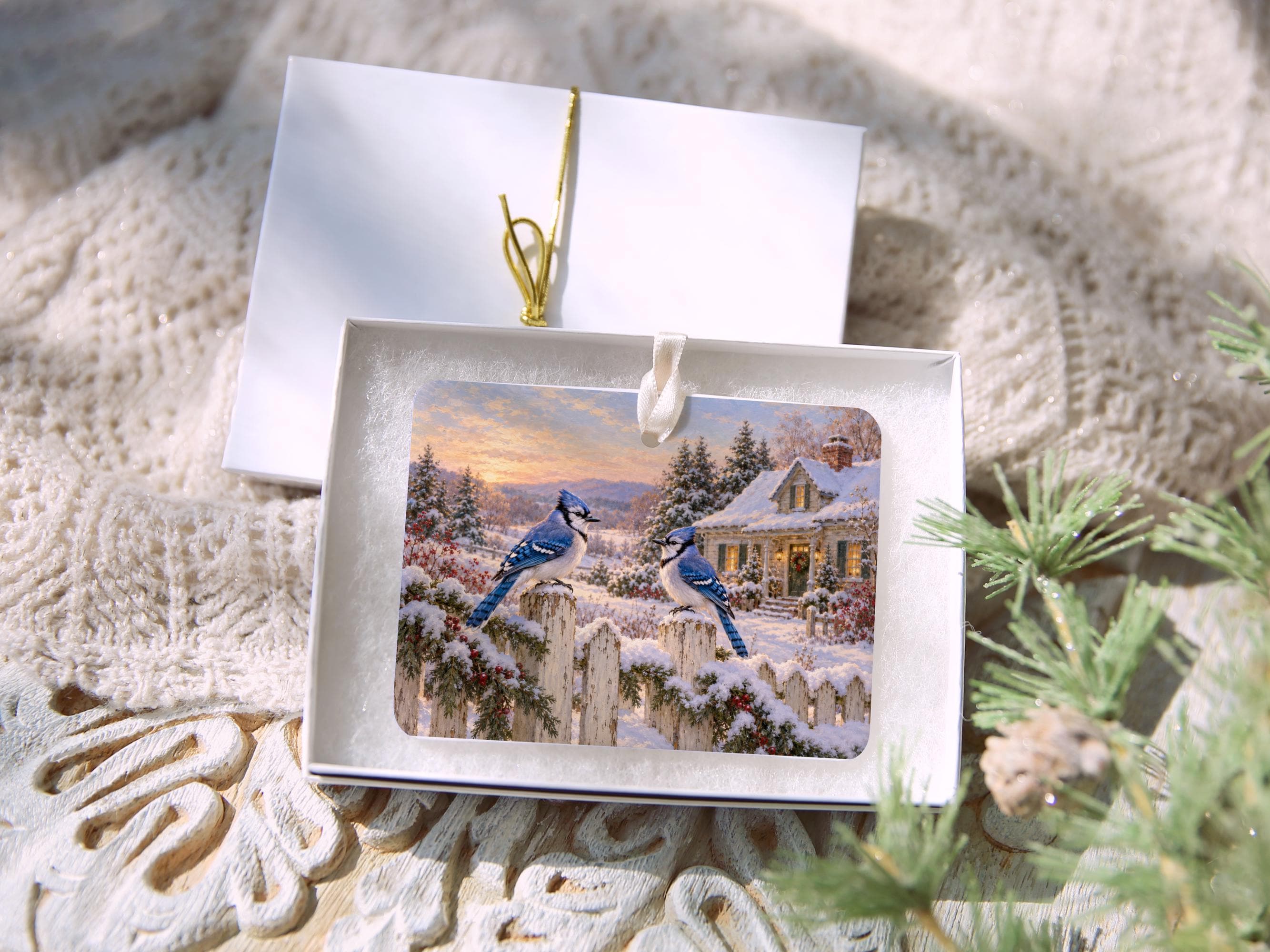 Blue Jays on a Snowy Fence Ornament, Winter Nature Keepsake, Bird Lover Holiday Gift, Ceramic Story