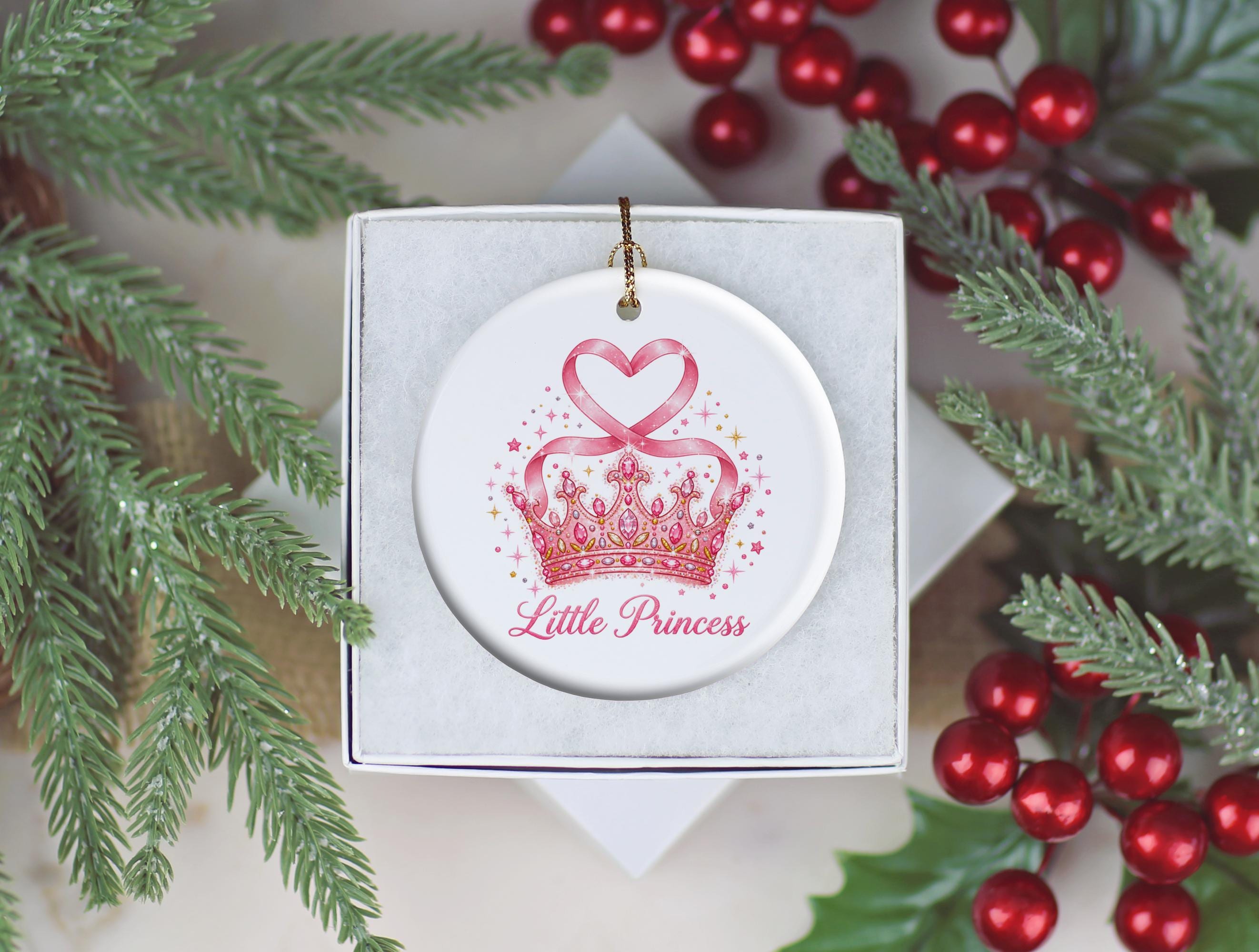 Little Princess Ornament, Pink Crown Christmas Decoration, Girls Holiday Keepsake, Royal Nursery Tree Decor, Ceramic Gift Boxed Ornament 2