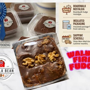 May include: A square piece of chocolate walnut fudge in a clear plastic container, labeled Vanilla Bean. The image includes a blue first-place ribbon, text reading Award-Winning Old-Time Cocoa Fudge, and Walnut Firm Fudge in pink letters.