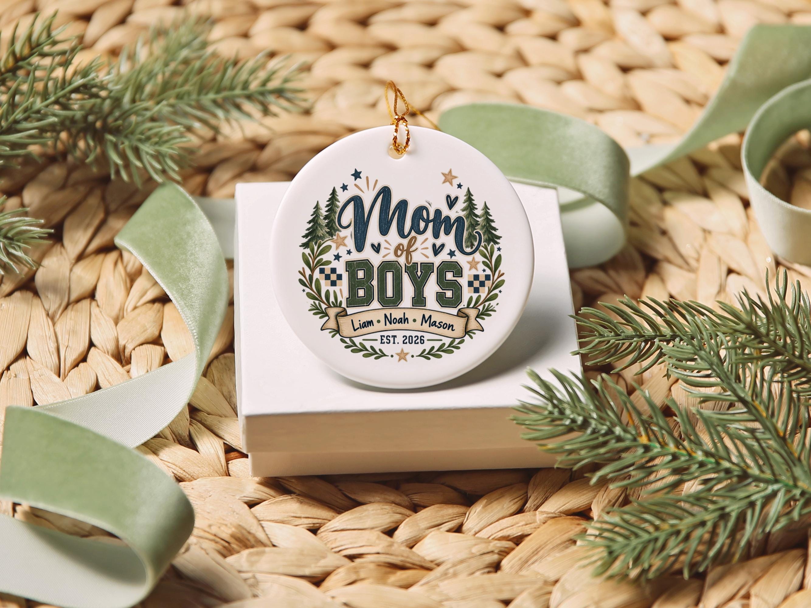 Mom of Boys Ornament, Personalized Family Christmas Decor, Three Sons Keepsake, Rustic Woodland Tree Decoration, Boy Mom Gift Idea 3