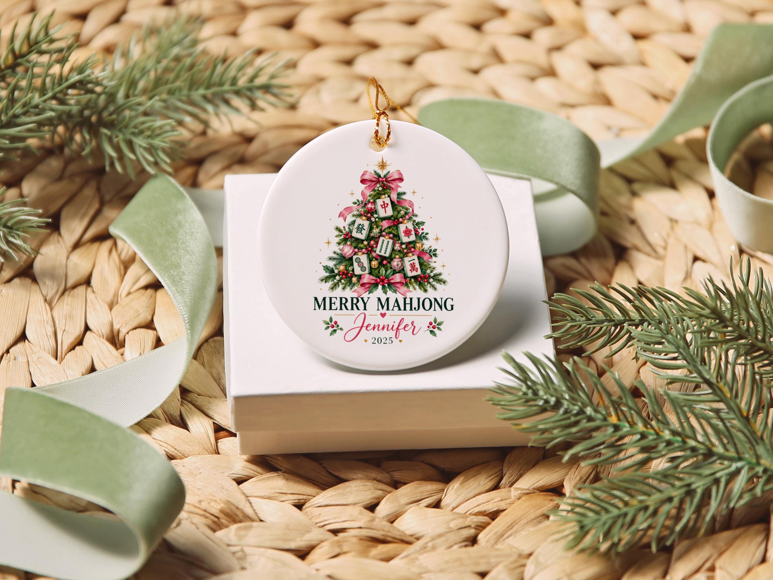 Personalized Mahjong Christmas Ornament, Merry Mah Jong Holiday Tree Decoration, 2025 Name Keepsake, Ceramic Gift for Mahjong Players 3