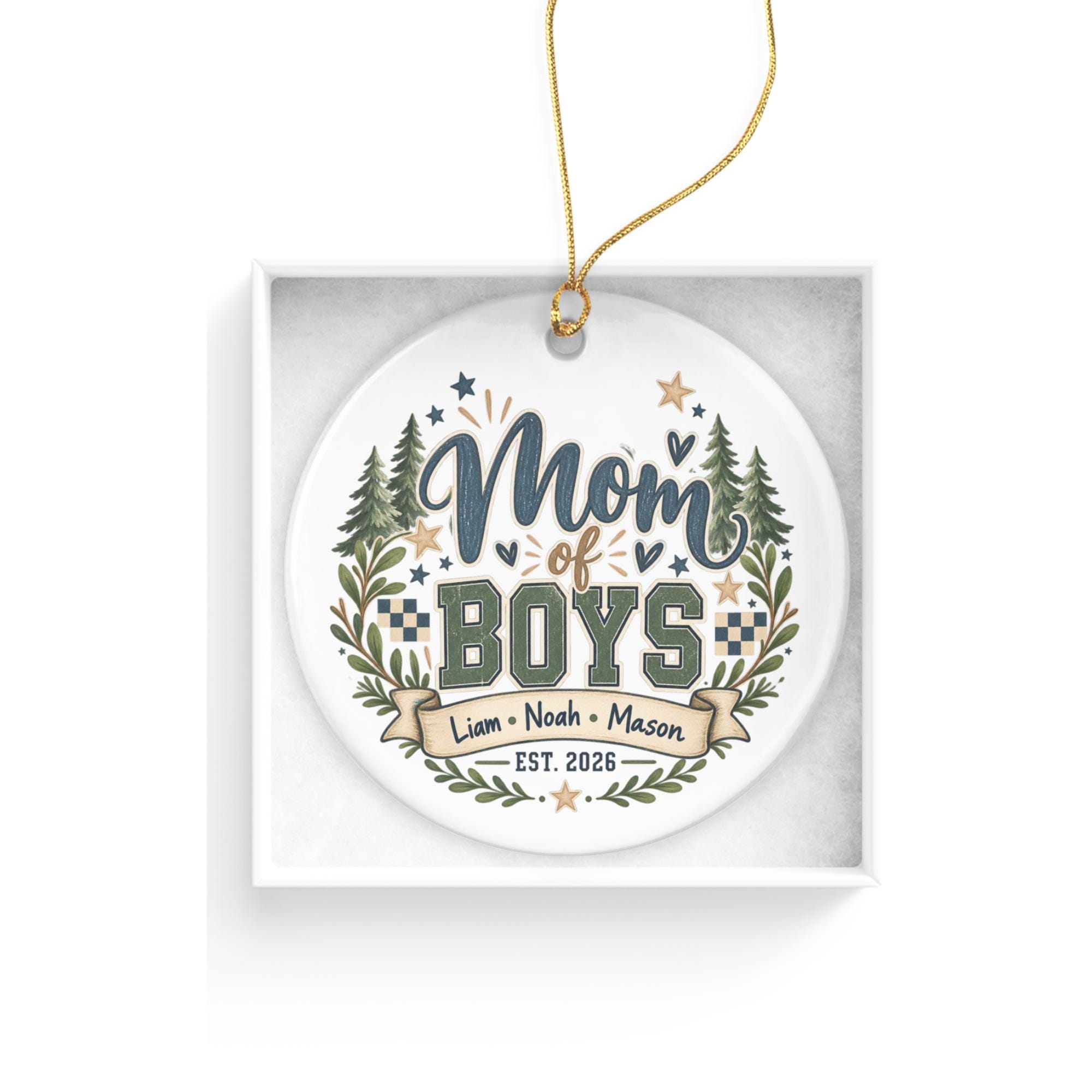 Mom of Boys Ornament, Personalized Family Christmas Decor, Three Sons Keepsake, Rustic Woodland Tree Decoration, Boy Mom Gift Idea 4