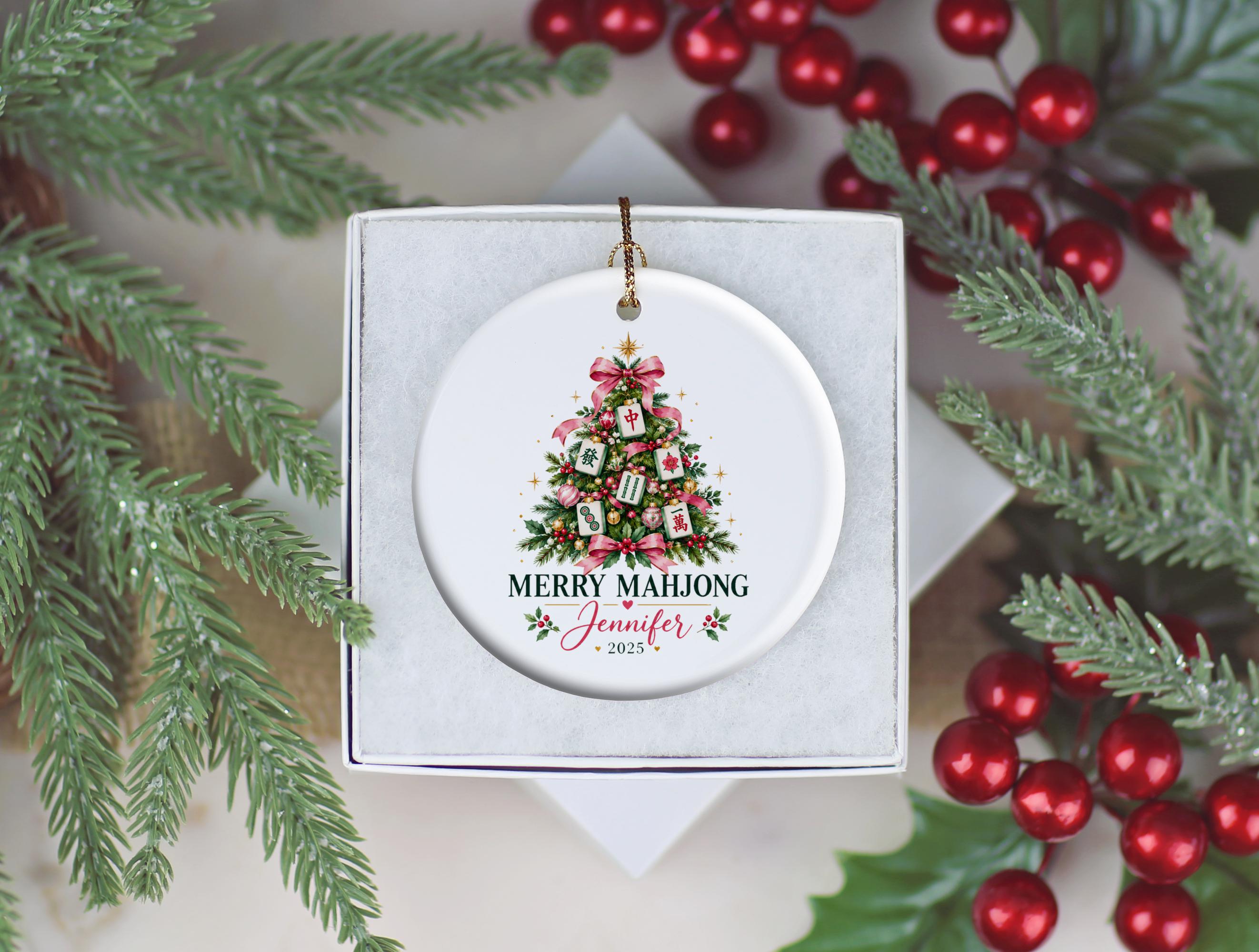 Personalized Mahjong Christmas Ornament, Merry Mah Jong Holiday Tree Decoration, 2025 Name Keepsake, Ceramic Gift for Mahjong Players 2