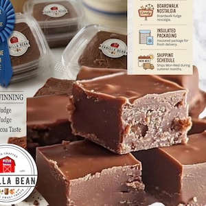 May include: Several square pieces of brown cocoa fudge are arranged in a pile. A blue first place ribbon is visible. Text includes "Vanilla Bean", "Award-Winning", "Firm Fudge", "Hard Fudge", "Classic Cocoa Taste", "Boardwalk Nostalgia", and "Insulated Packaging".