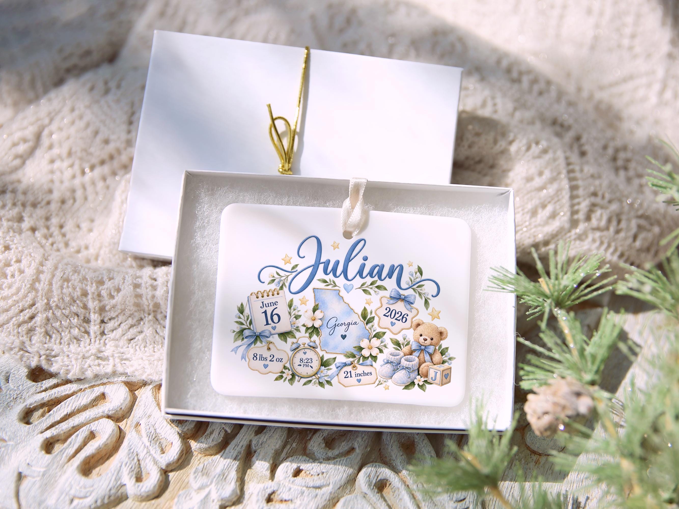 Birth Announcement Ornament, Personalized Keepsake, New Baby Name and Birth Details, Boxed Gift