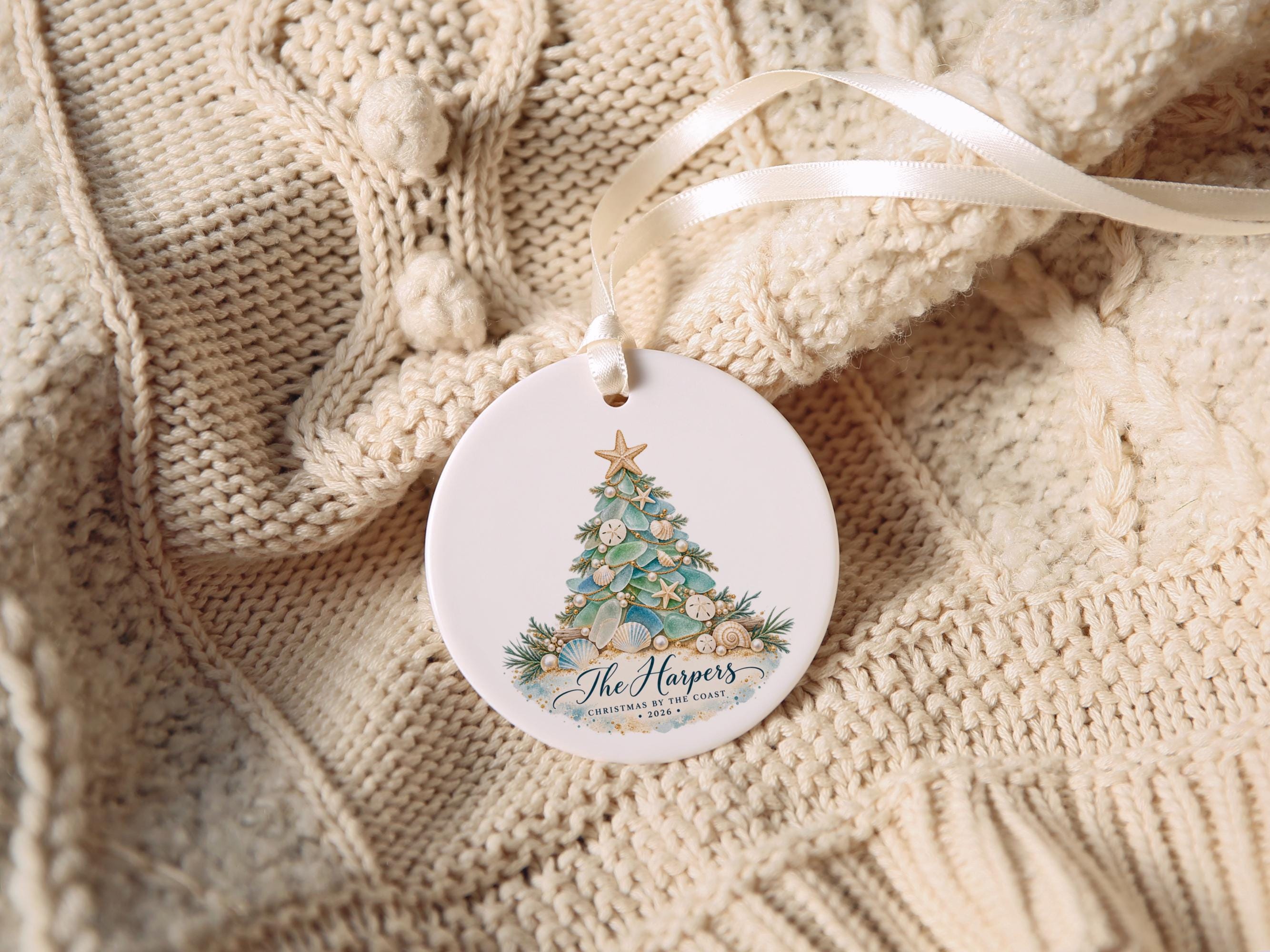 Personalized Coastal Sea glass Christmas Ornament, Family Name Tree Decoration, Ceramic Holiday Keepsake, Beach Christmas Gift, 5