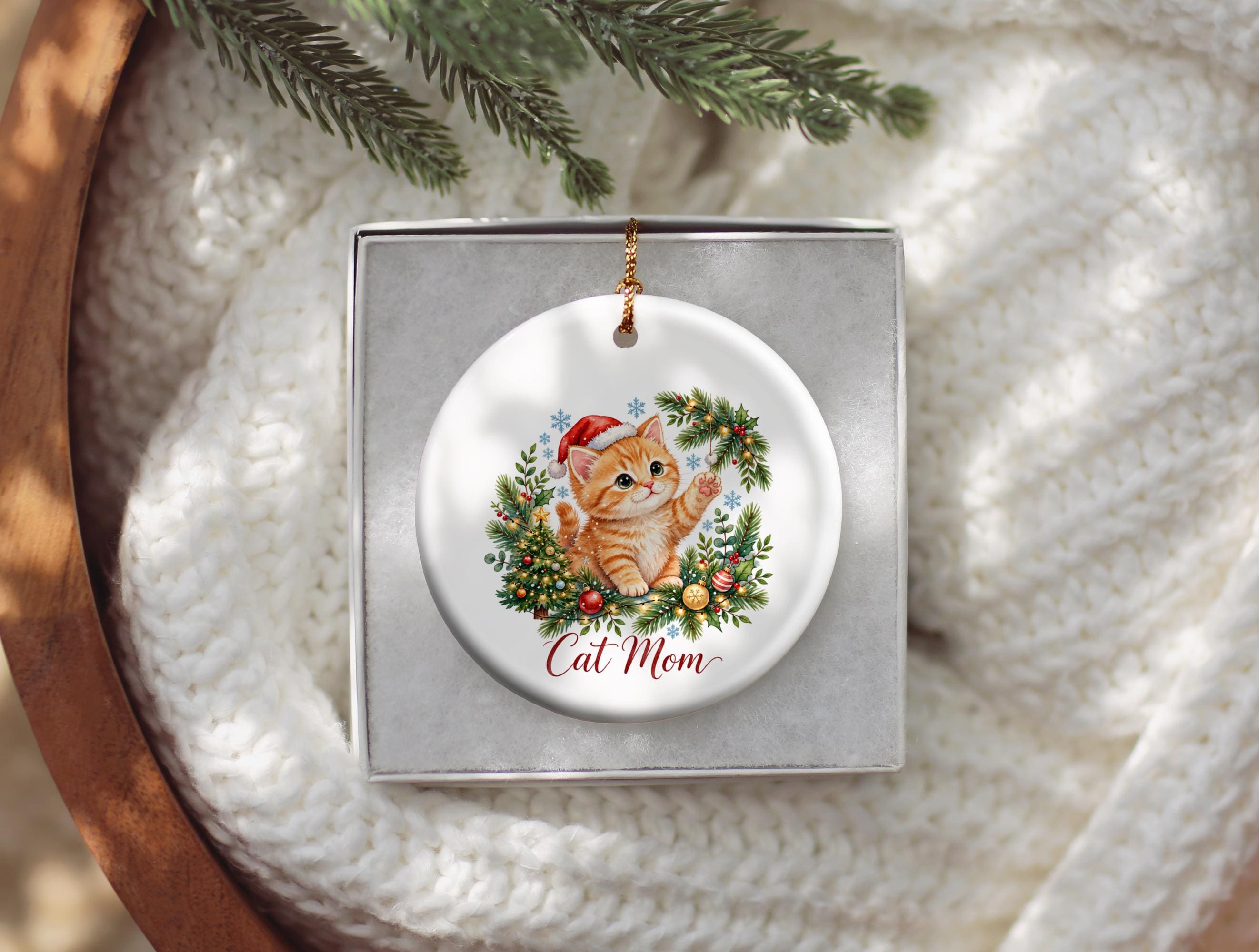 Cat Mom Christmas Ornament, Cute Kitten Holiday Tree Decor, Festive Ceramic Cat Lover Gift, Pet Mom Keepsake for the Christmas Tree