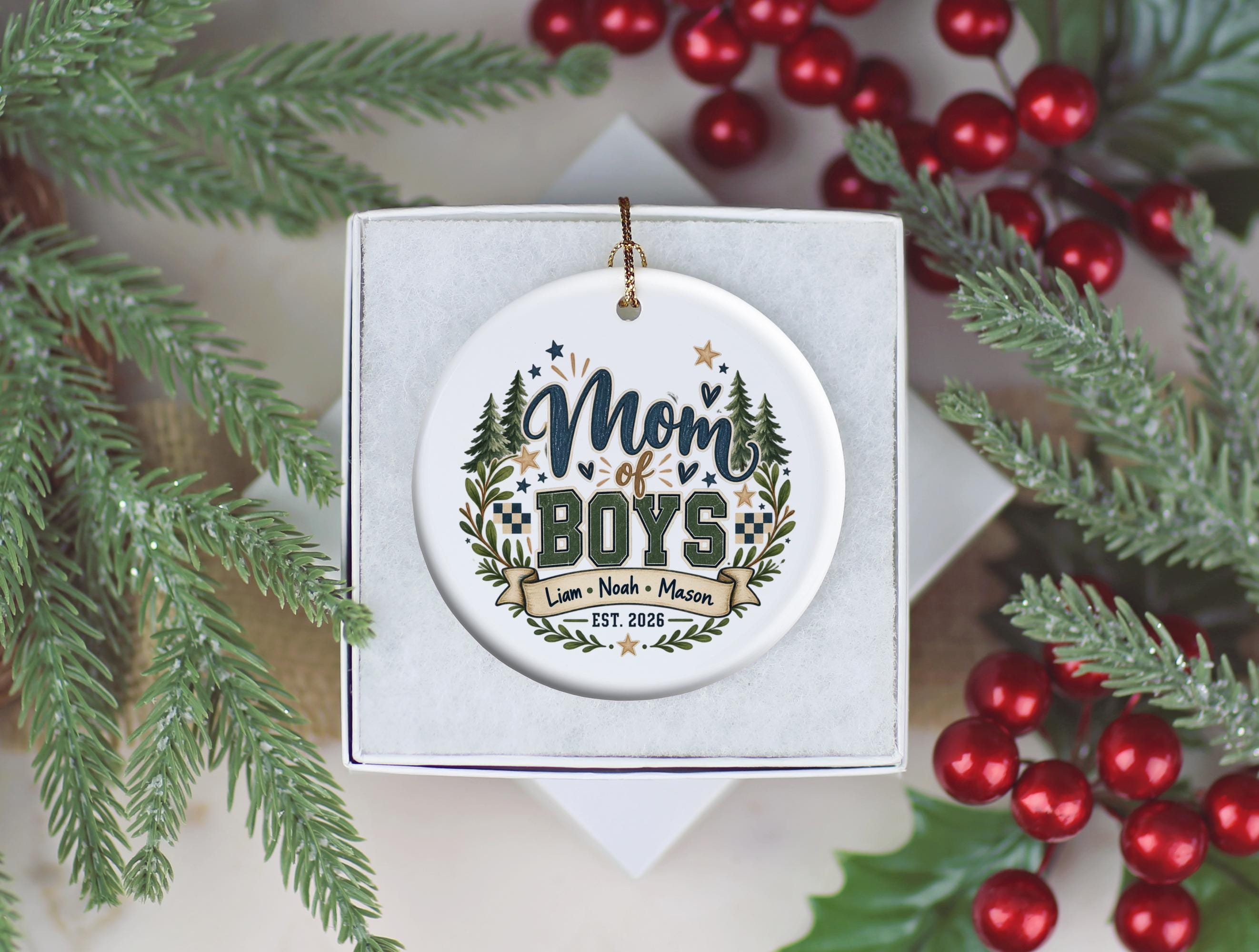 Mom of Boys Ornament, Personalized Family Christmas Decor, Three Sons Keepsake, Rustic Woodland Tree Decoration, Boy Mom Gift Idea 2
