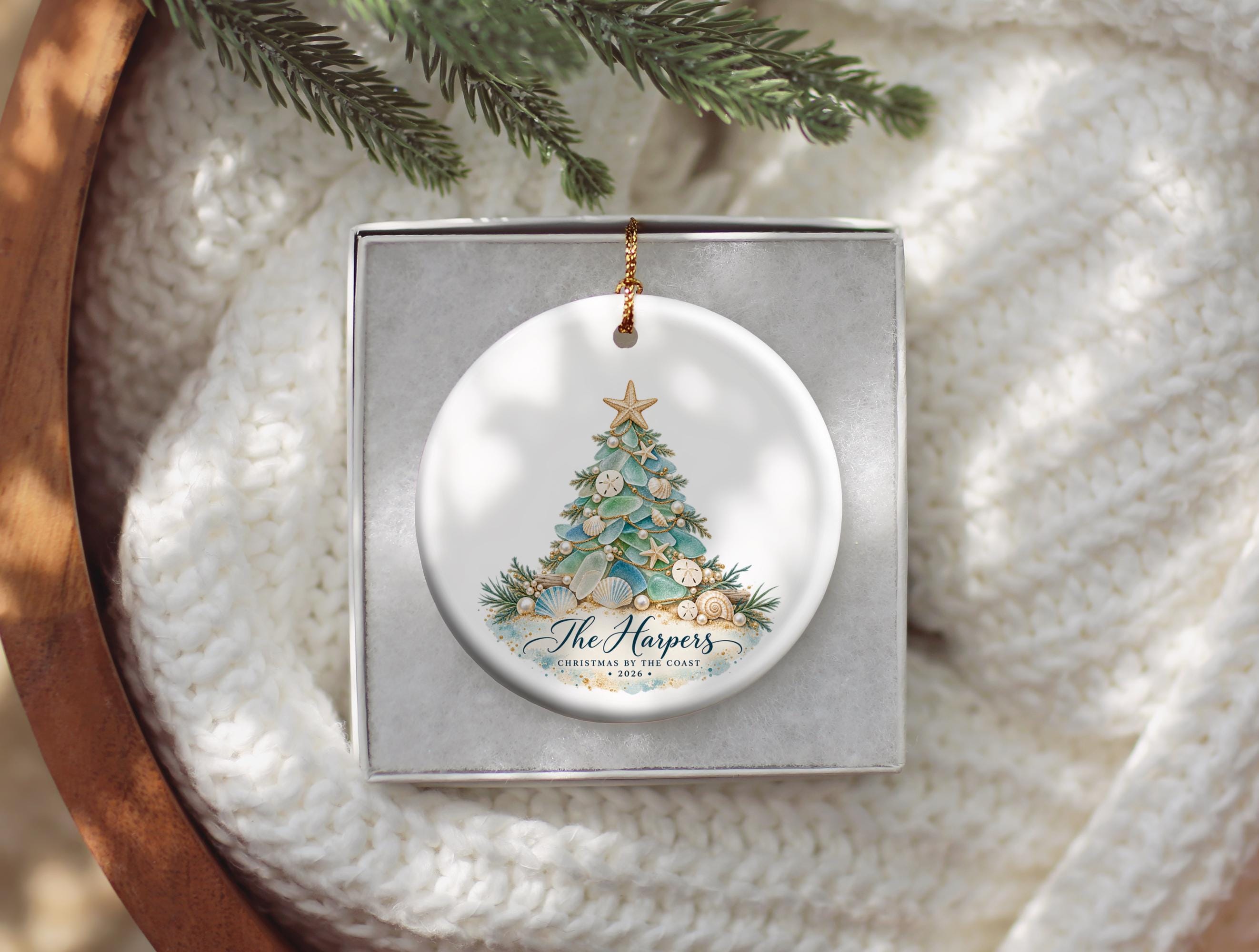 Personalized Coastal Sea glass Christmas Ornament, Family Name Tree Decoration, Ceramic Holiday Keepsake, Beach Christmas Gift,