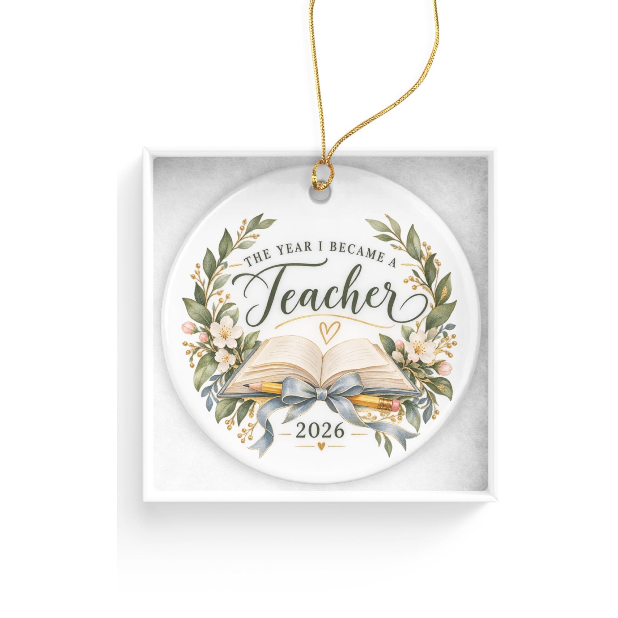 Teacher Christmas Ornament 2026, Teacher Appreciation Gift, Classroom Keepsake, Book and Pencil Floral Ceramic Holiday Ornament Gift 4