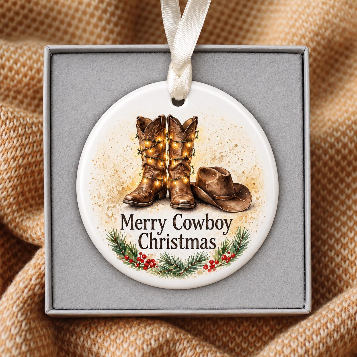 Merry Cowboy Christmas Round Ornament, Western Boots Holiday boxed ornament