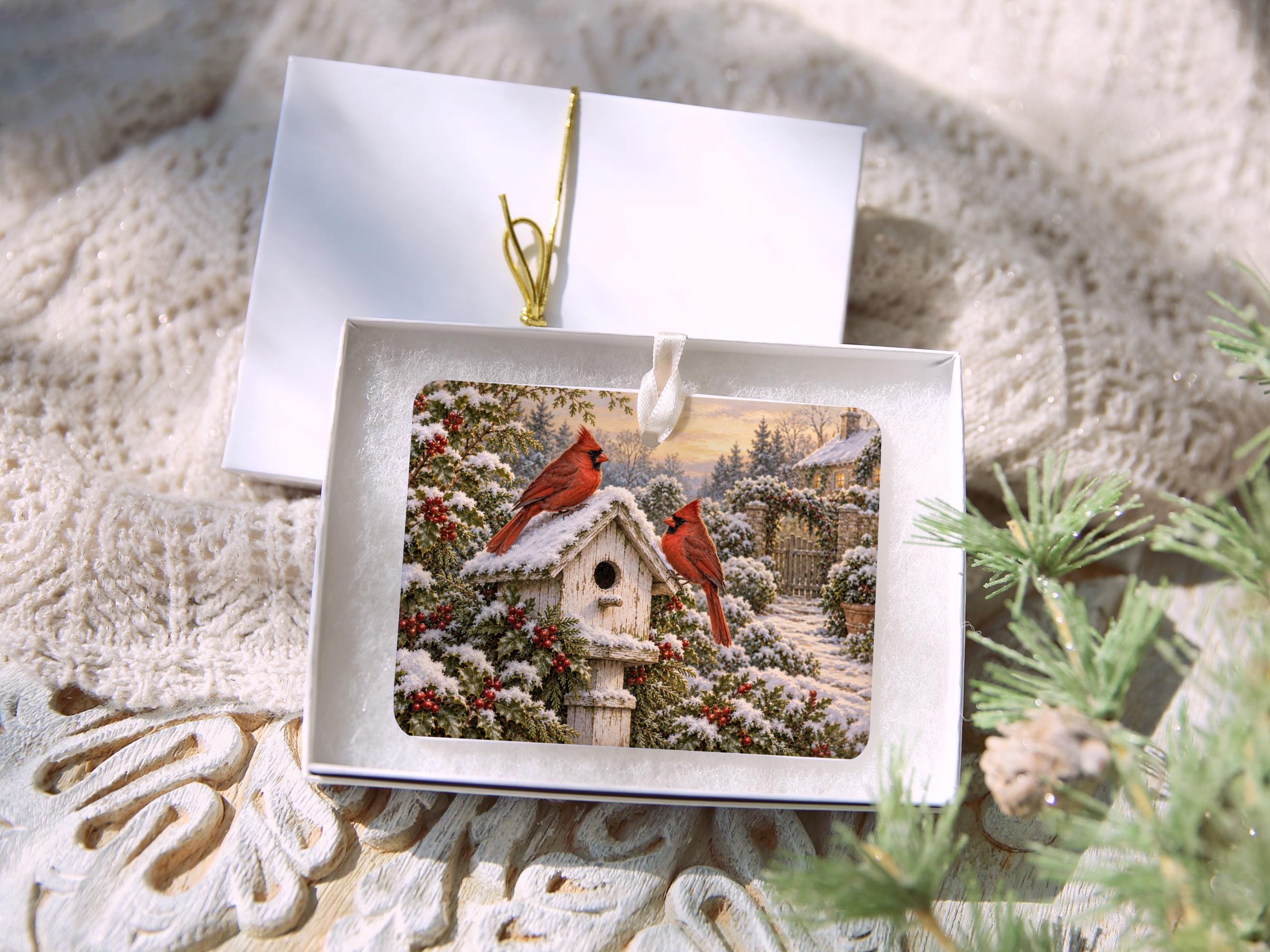 Two Cardinals at a Snowy Birdhouse Ceramic Story Ornament, Religious Keepsake Gift