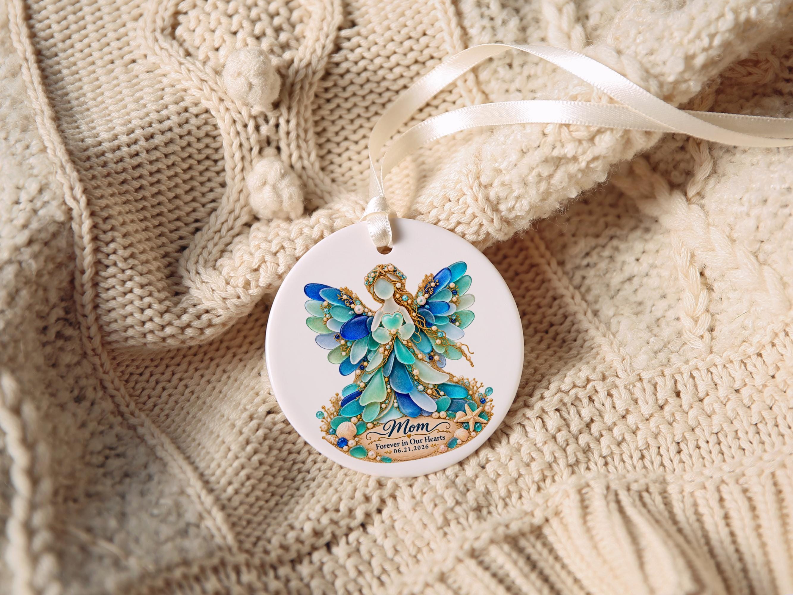 Personalized Sea Glass Angel Memorial Ornament for someone special, Forever in Our Hearts Keepsake, Angel Mom Christmas Ornament, Coastal Se 5