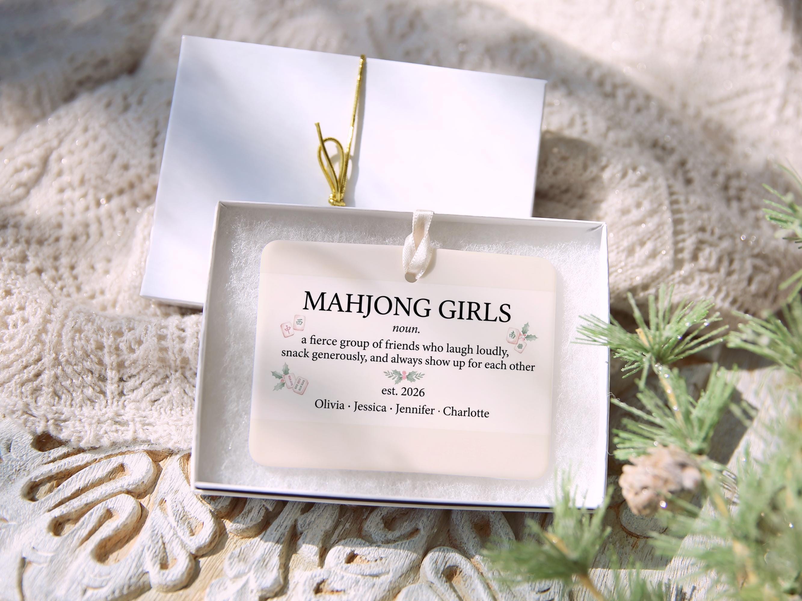 Mahjong Girls Ornament, Mahjong Friend Group Gift, Personalized Name Keepsake, Definition Style Ceramic Christmas Ornament with Gift Box