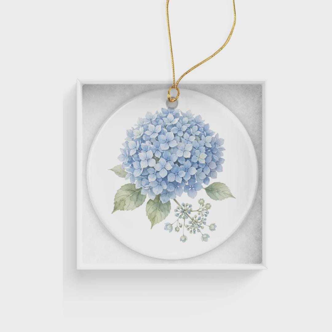 Baby Blue Hydrangea Ceramic Christmas Ornament, Floral Ornament, custom personalized options, gift boxed