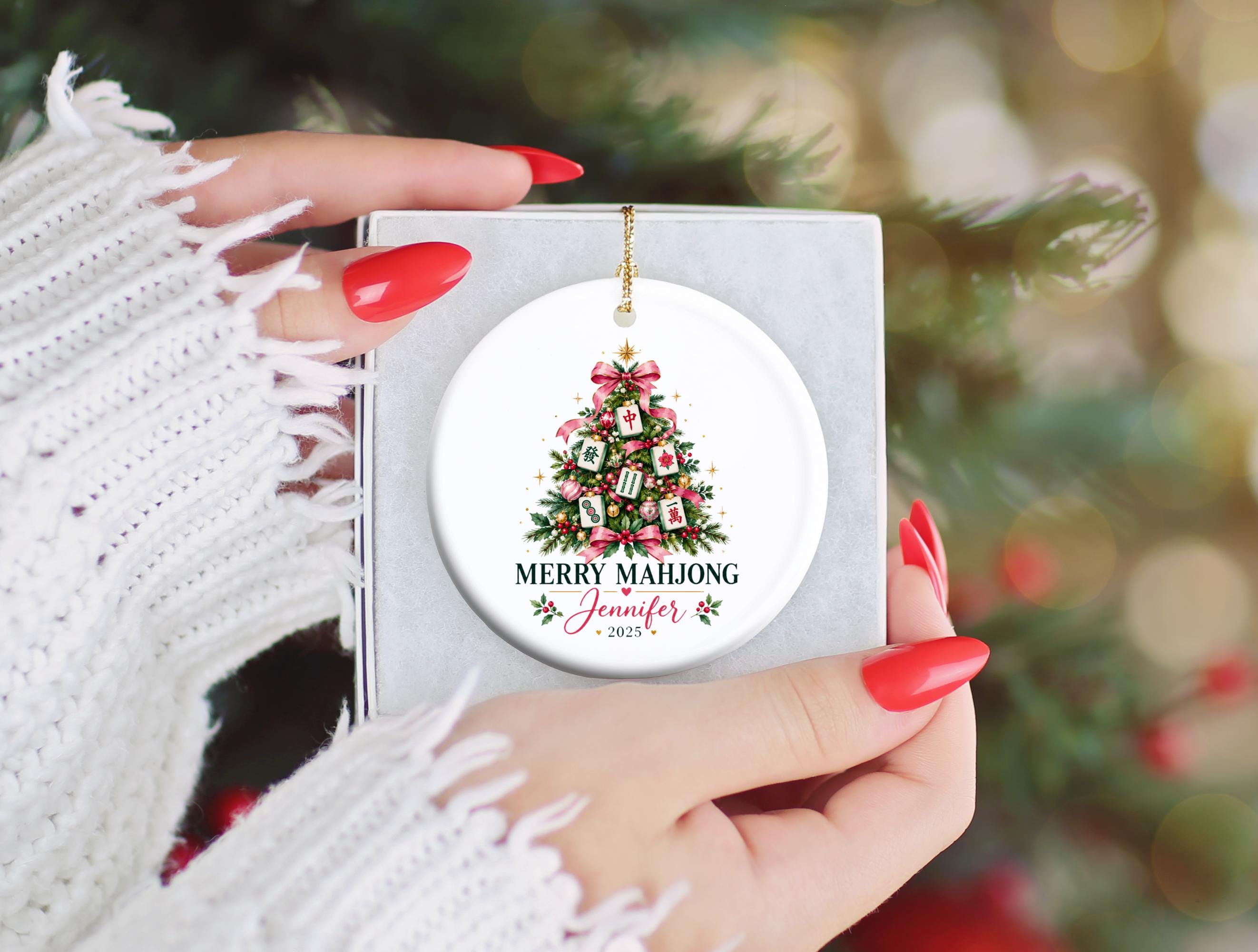 Personalized Mahjong Christmas Ornament, Merry Mah Jong Holiday Tree Decoration, 2025 Name Keepsake, Ceramic Gift for Mahjong Players 6