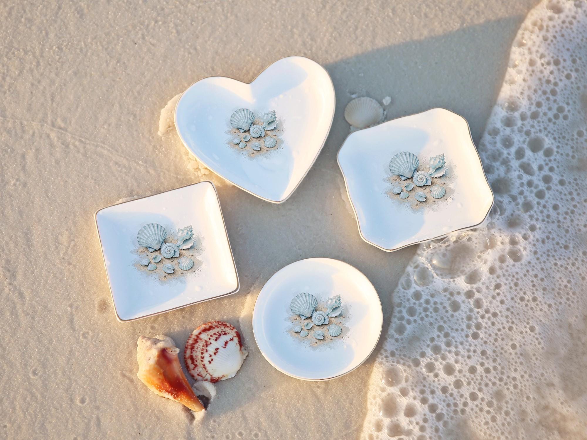 Watercolor Blue Seashells Ceramic Ring Dish, Coastal Beach Jewelry Dish gift, w/ personalize options,