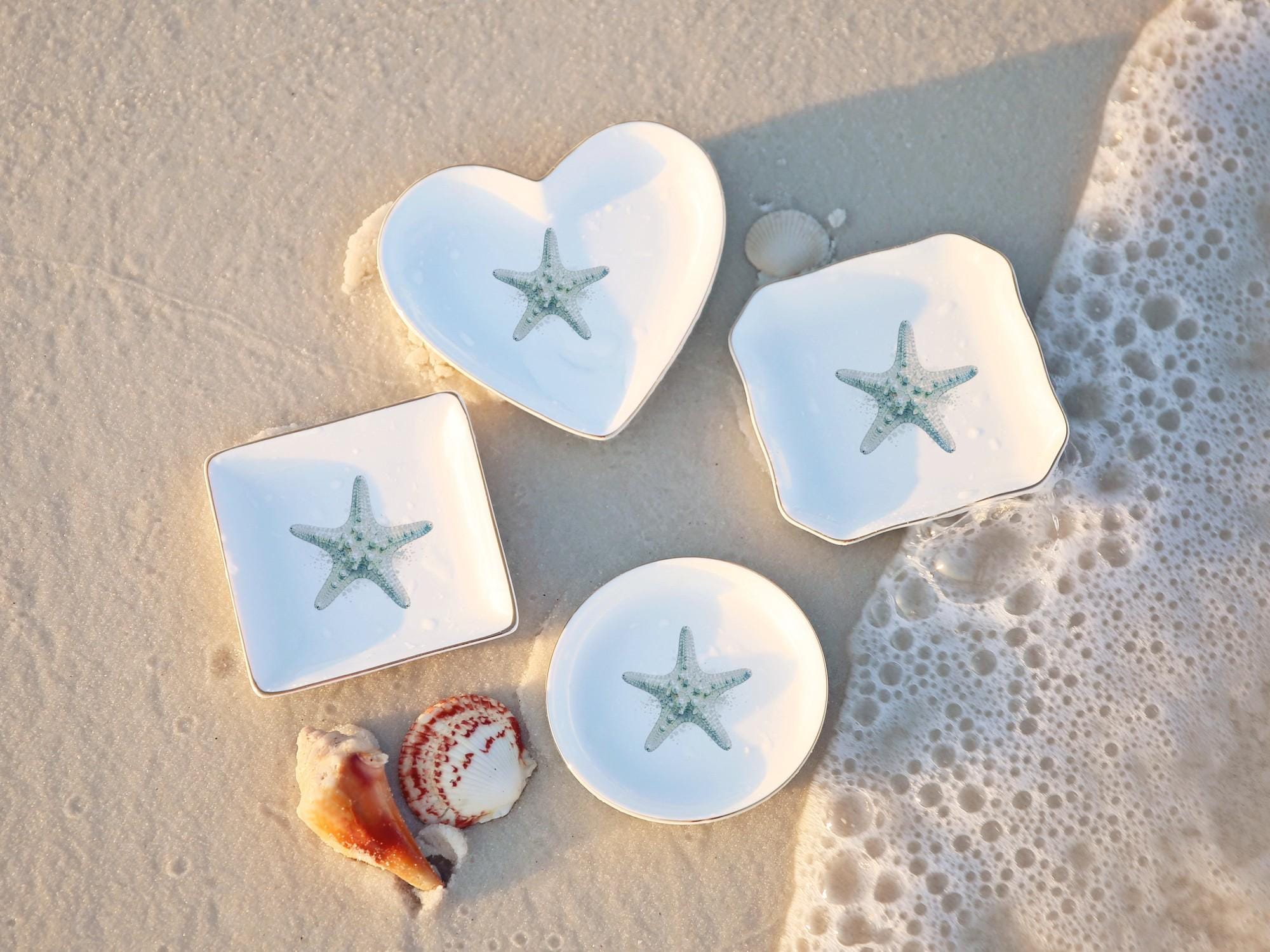 Watercolor Starfish Ceramic Ring Dish, Coastal Beach Jewelry Dish, gift w/ personalize options