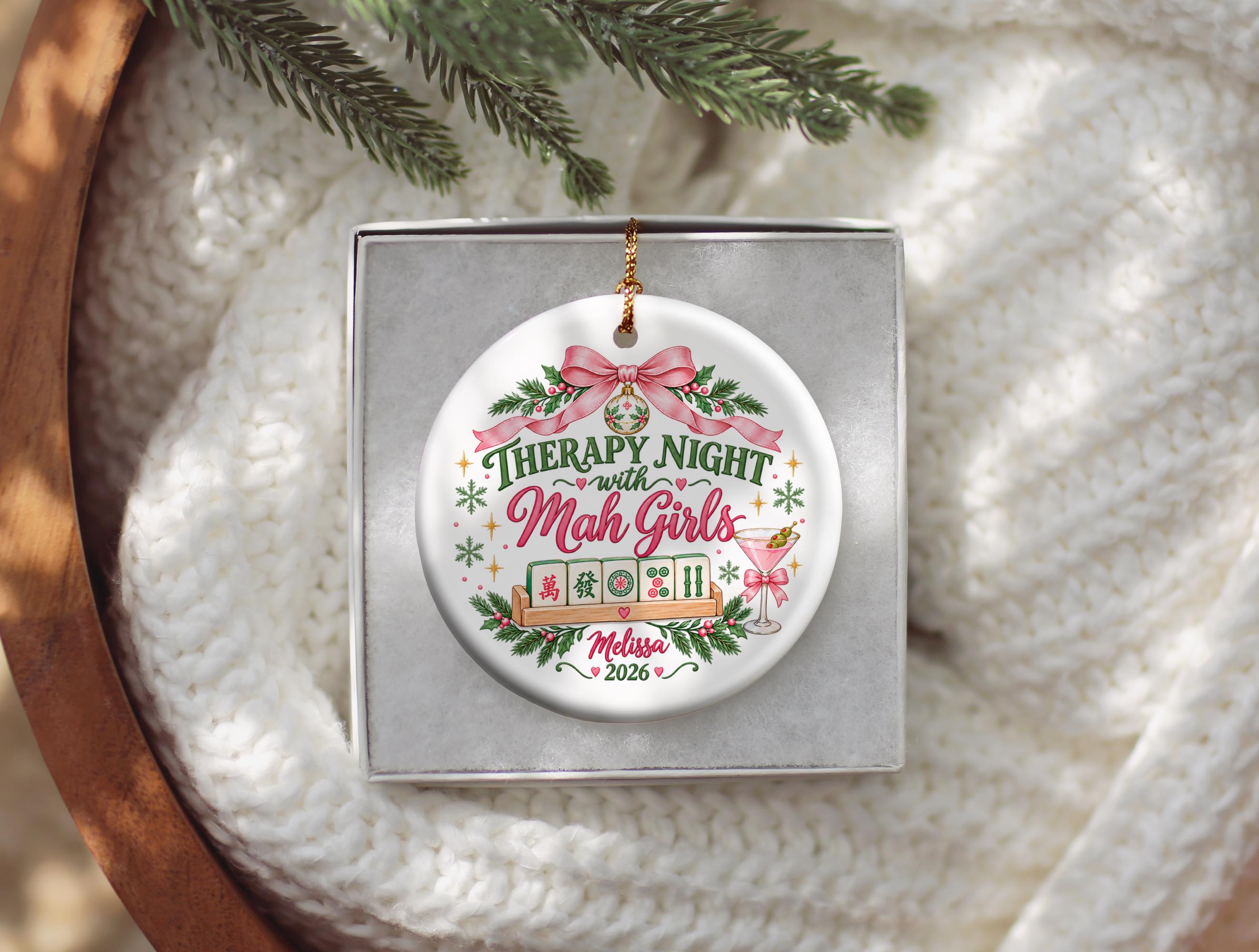 Therapy Night Mah Jong Girls Ornament, Personalized 2026 Christmas Keepsake, Ceramic Holiday Gift for Mahjong Friends, Therapist Gift