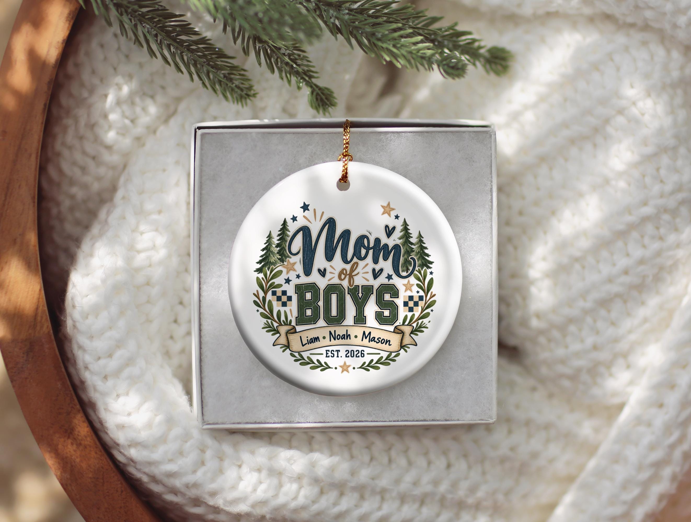 Mom of Boys Ornament, Personalized Family Christmas Decor, Three Sons Keepsake, Rustic Woodland Tree Decoration, Boy Mom Gift Idea