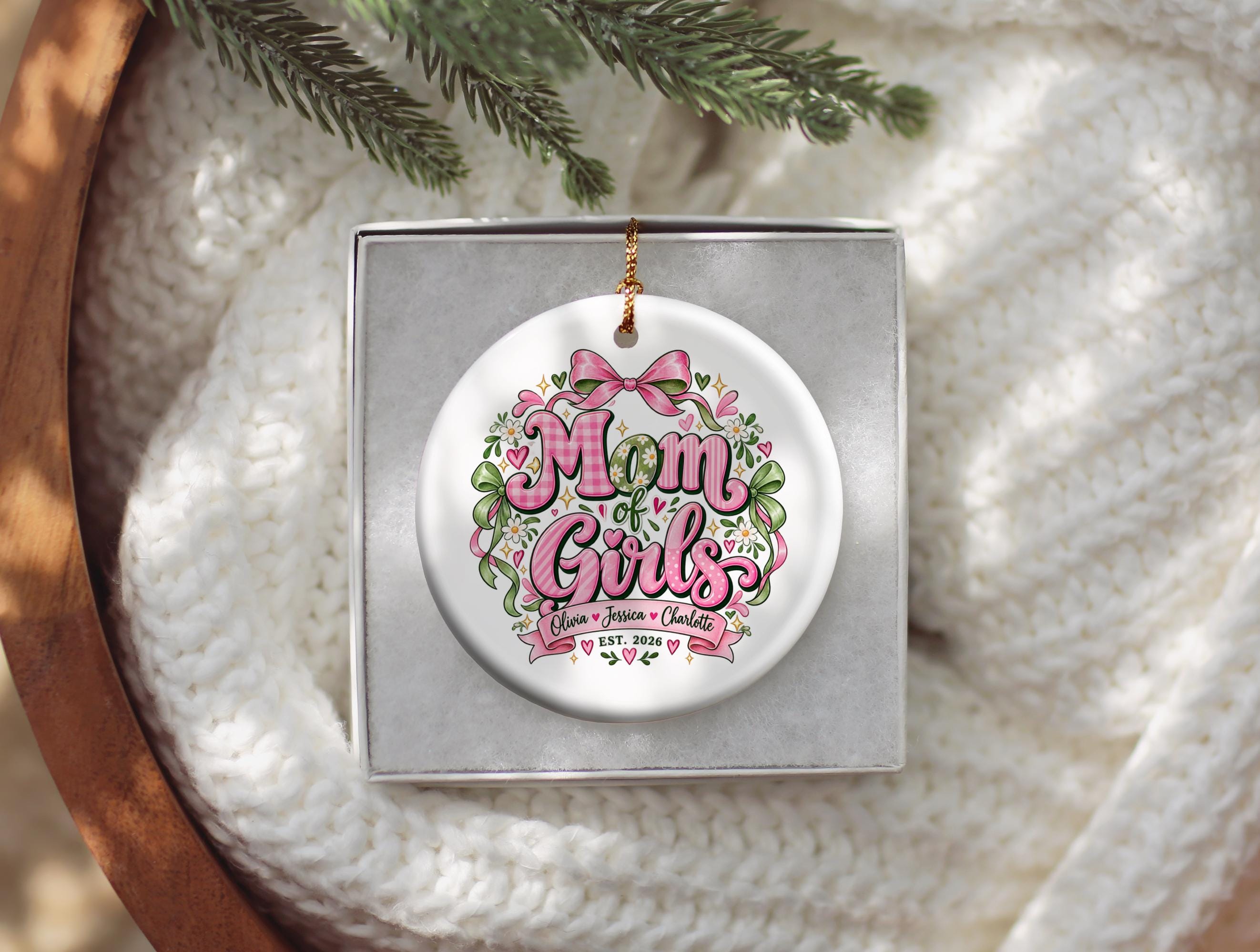 Mom of Girls Christmas Ornament, Personalized Family Tree Decoration, Pink Bow Floral Ceramic Holiday Keepsake Gift for Mom, 2026 Ornament