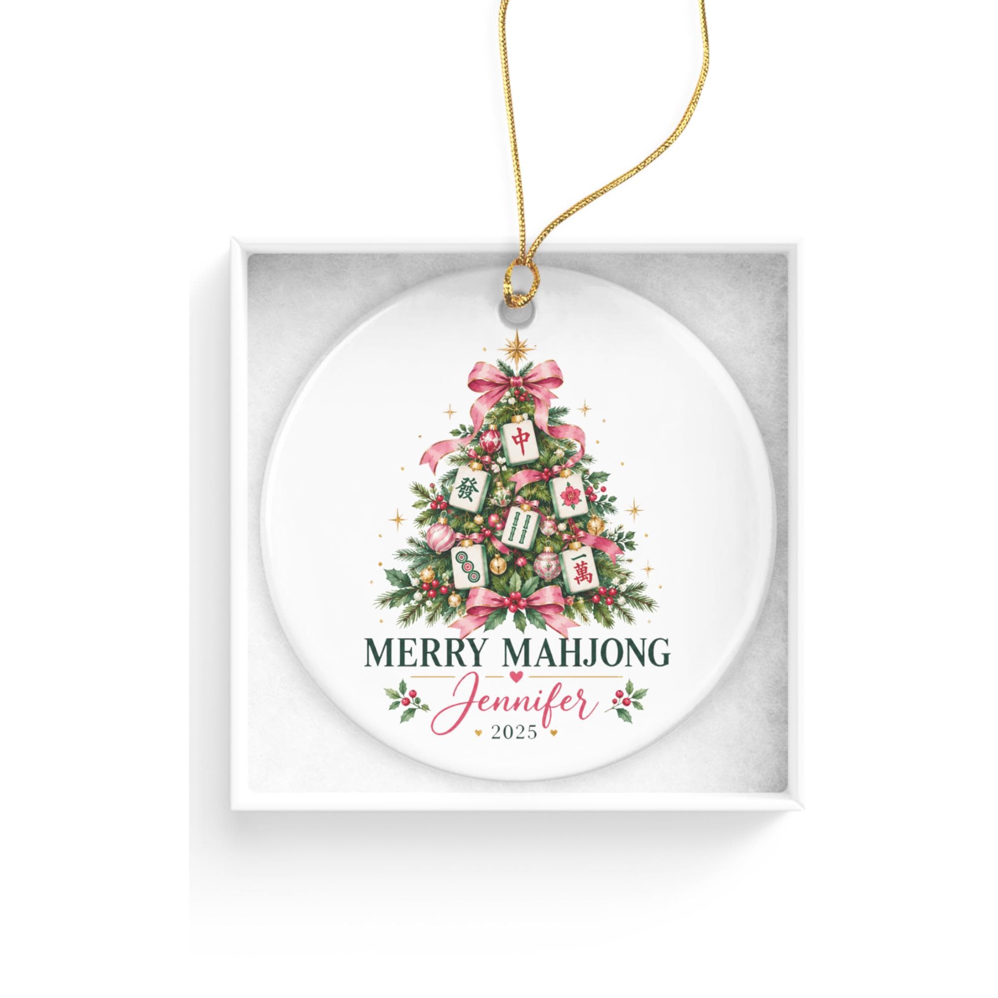 Personalized Mahjong Christmas Ornament, Merry Mah Jong Holiday Tree Decoration, 2025 Name Keepsake, Ceramic Gift for Mahjong Players 4