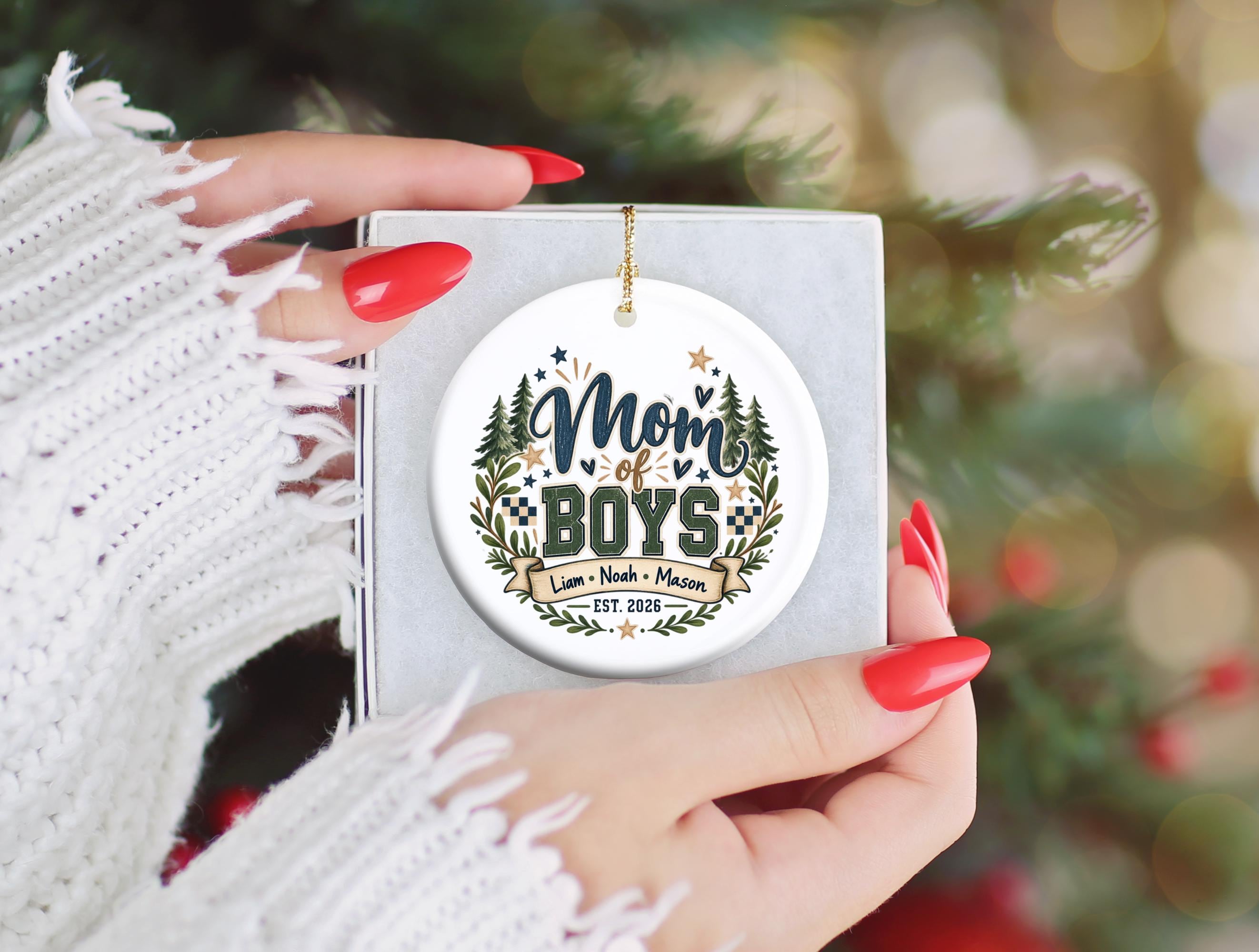 Mom of Boys Ornament, Personalized Family Christmas Decor, Three Sons Keepsake, Rustic Woodland Tree Decoration, Boy Mom Gift Idea 6